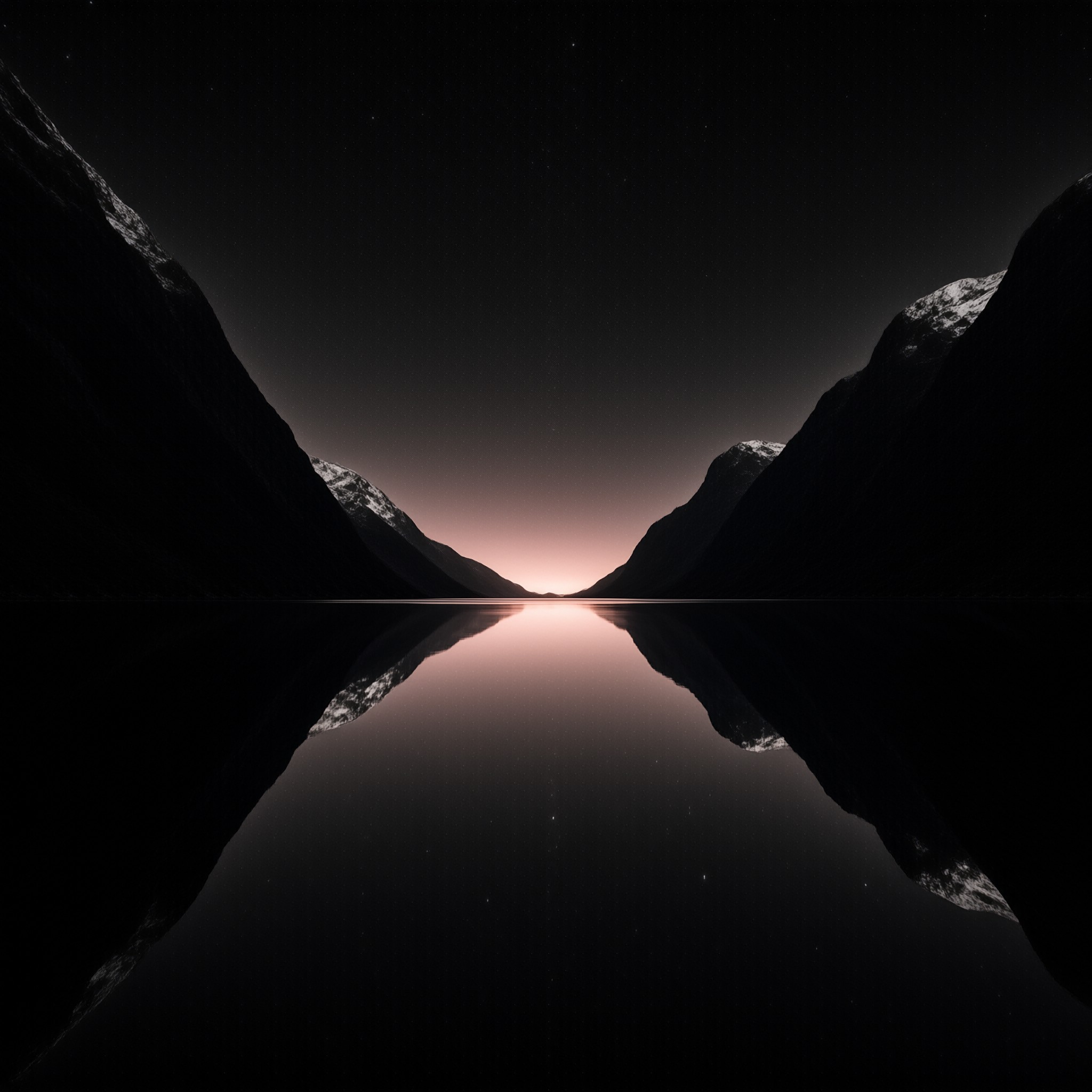 Symmetrical dark mountains frame a calm lake reflecting the soft pink glow of the twilight horizon and faint stars.