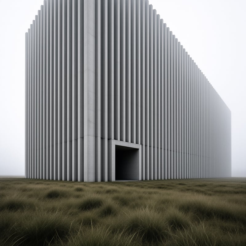 A monolithic wall of vertical concrete fins fades into pale fog above a field of dry tufted grass.