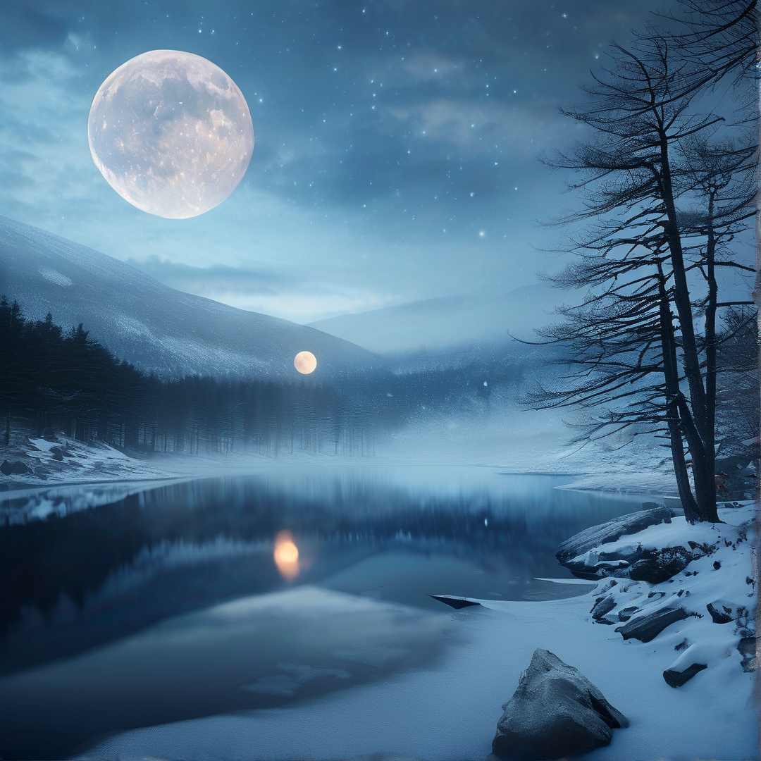 Moonlit Snowy Lake Night