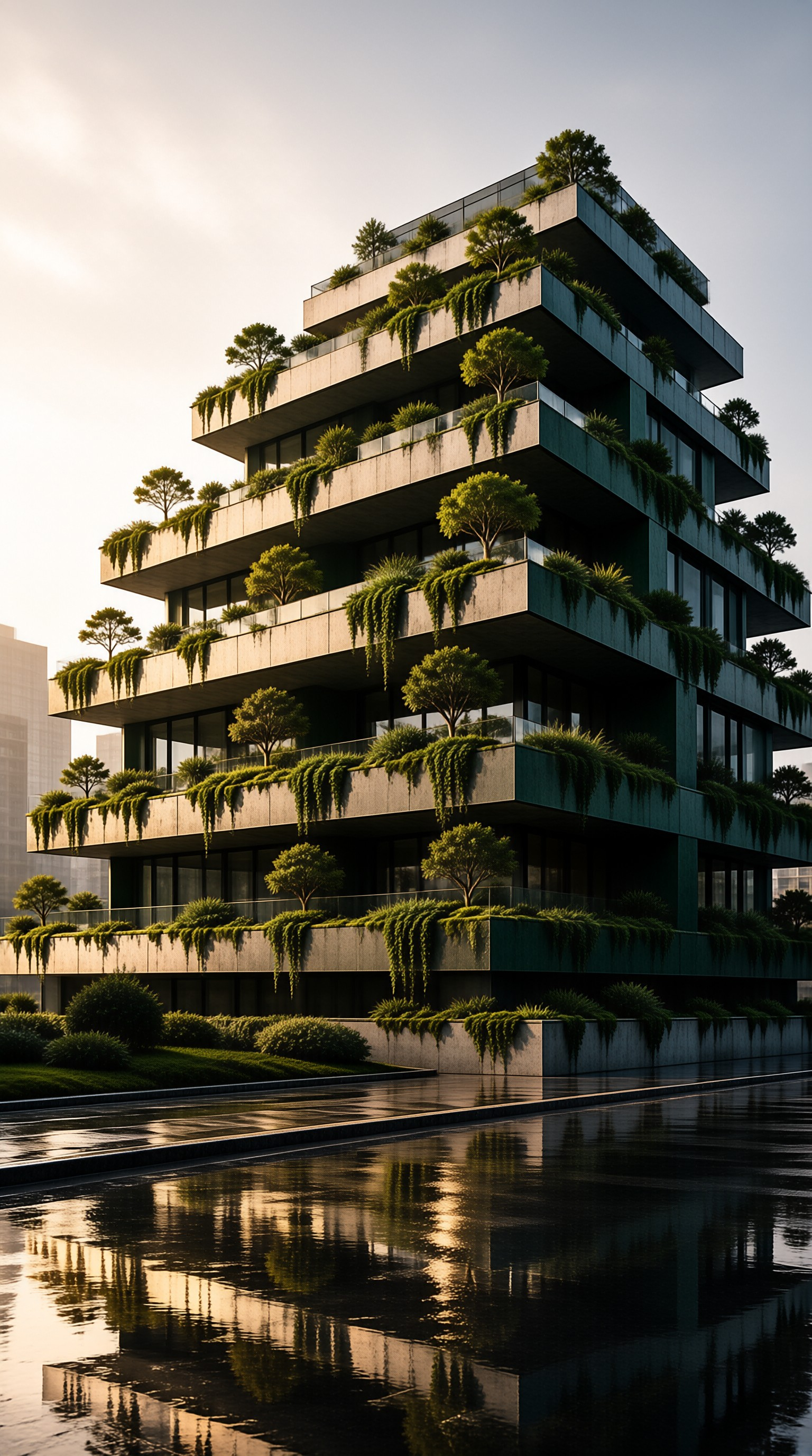 A multi-story building covered in vegetation stands beside a reflective pool during golden hour light.