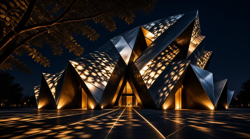 Angular metal architecture glows with warm light against a dark sky, casting dappled tree shadows on the paved ground.