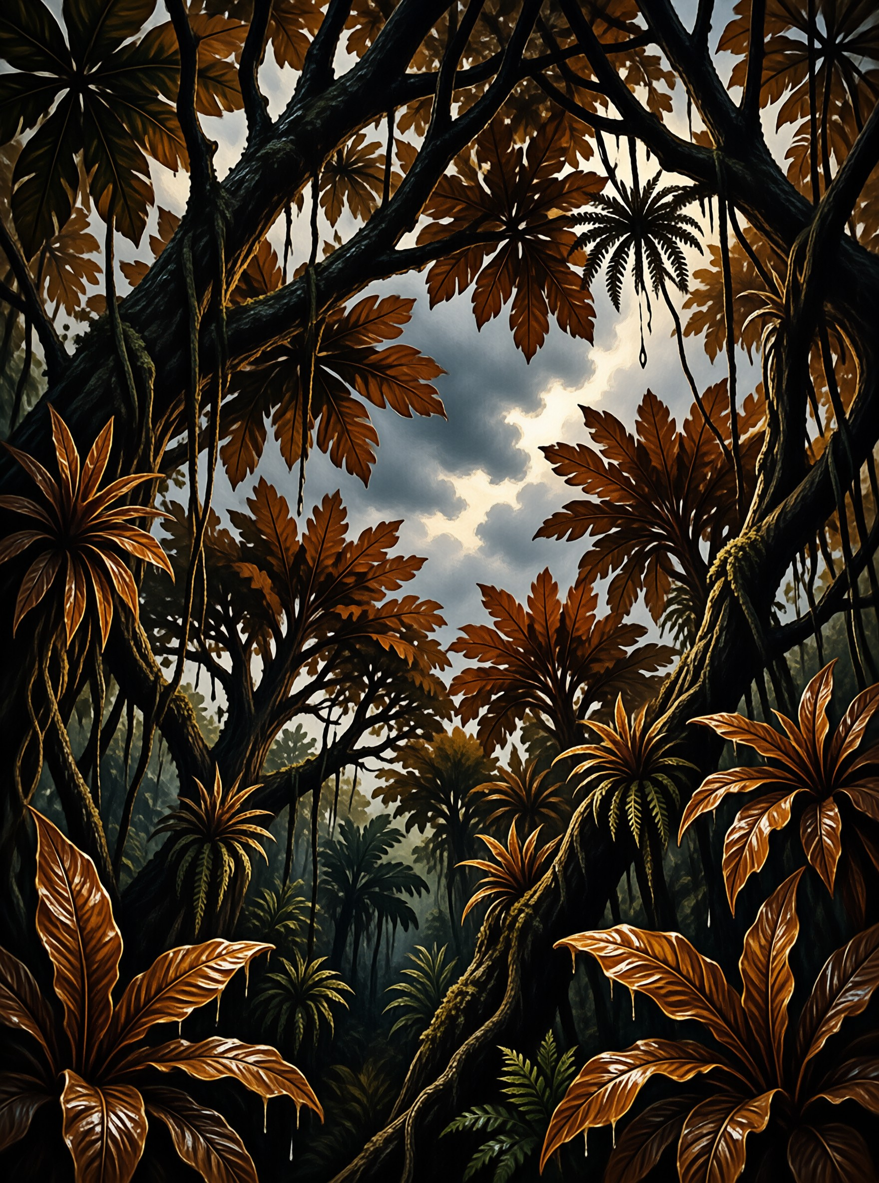 Thick amber vegetation surrounds the viewer looking up towards a lit break in the storm clouds above.