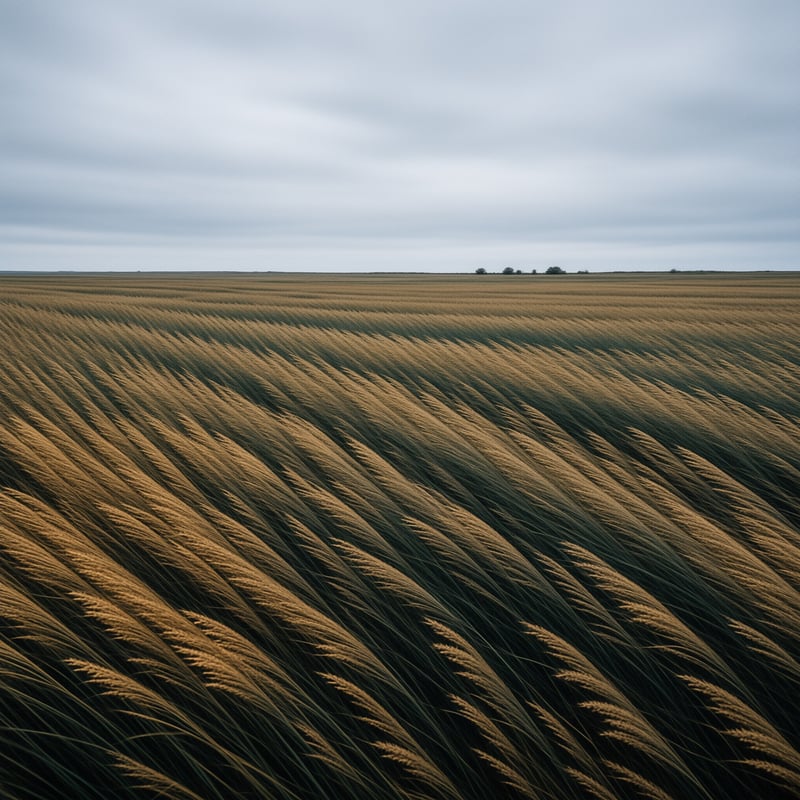 Countless golden seed heads lean in unison across an endless prairie beneath a soft overcast sky