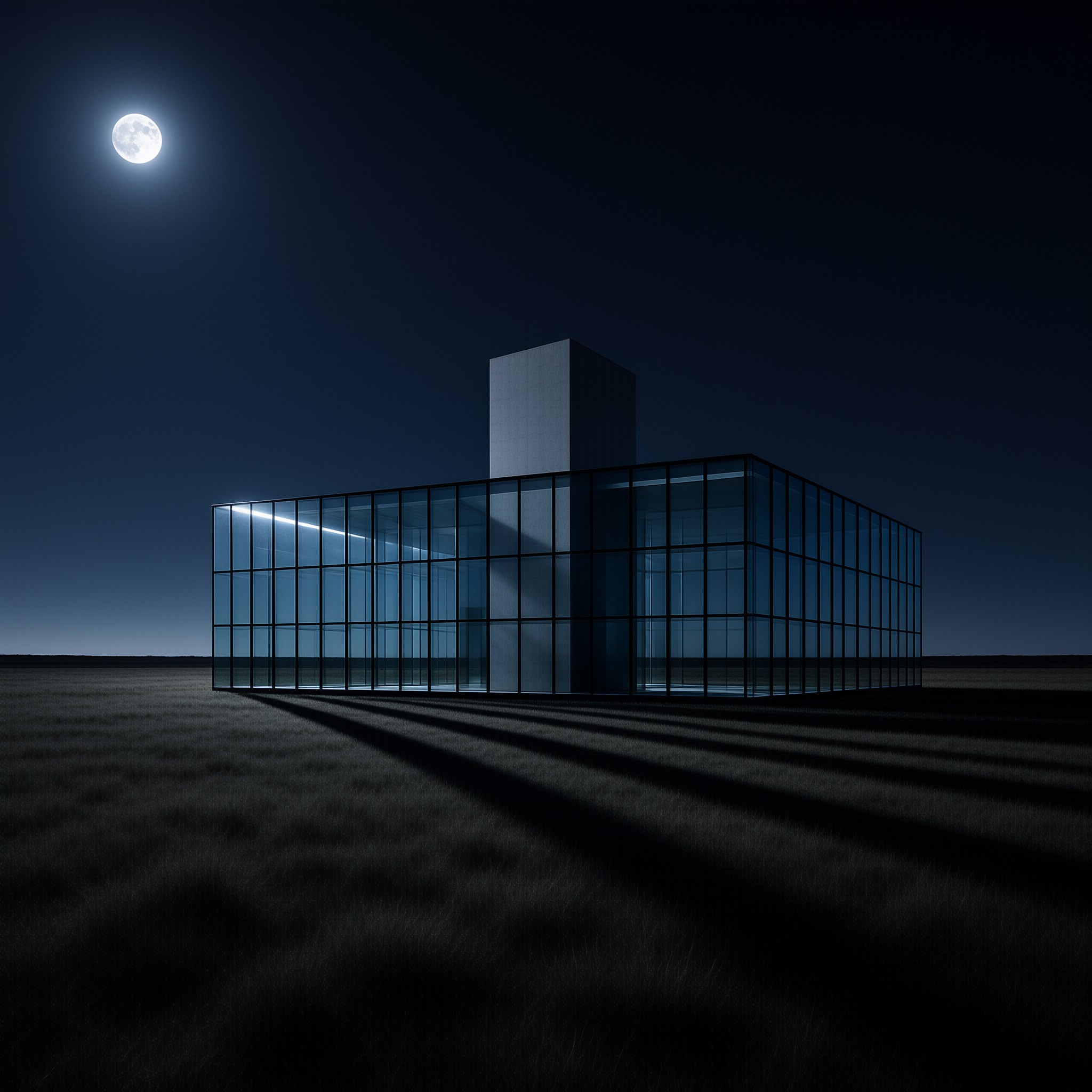 A minimalist glass structure stands on a dark plain while a bright full moon casts long shadows across the ground.