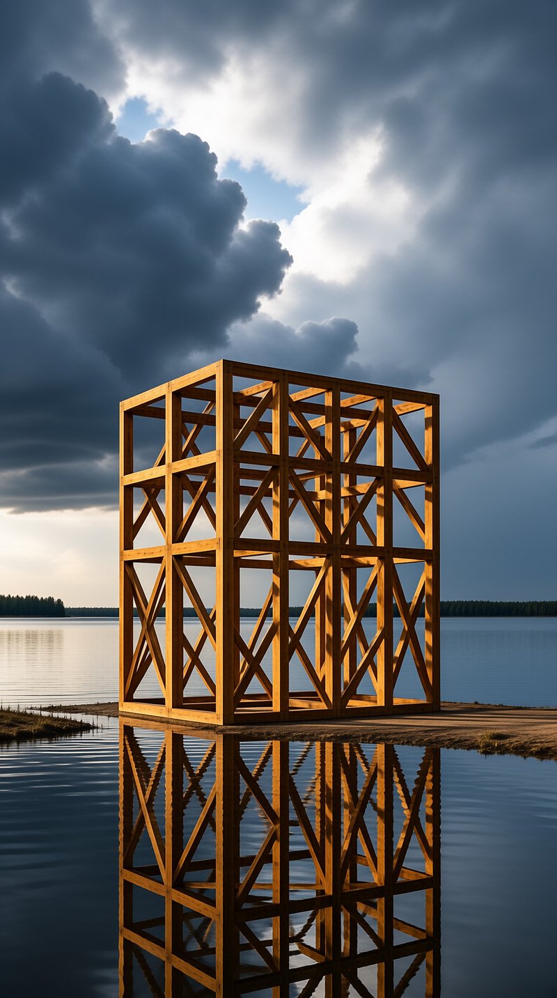 A large wooden cubic frame stands on the shore reflecting its shape in calm water under a cloudy sky.