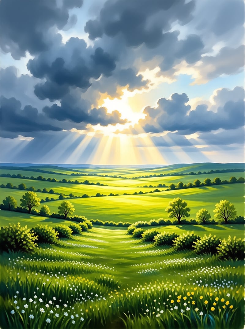 Lush green hills and scattered trees sit under a dramatic sky filled with dark clouds and bright sunbeams.