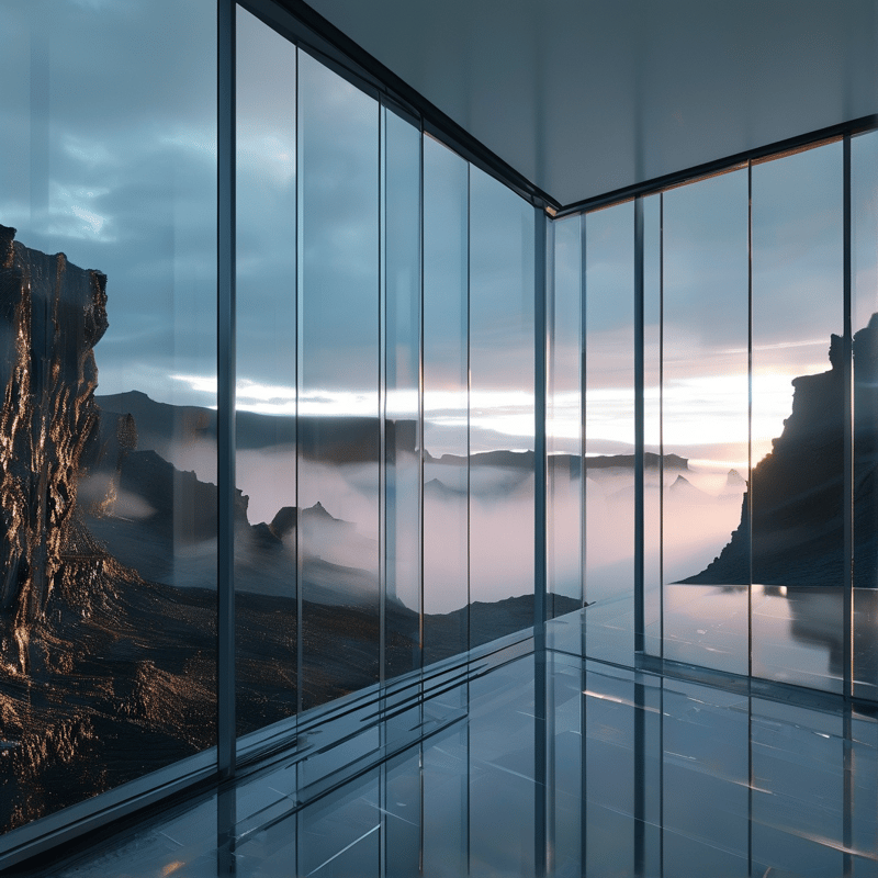 A glass-walled interior offers an unobstructed view of rugged mountain cliffs shrouded in low-lying mist during sunrise.