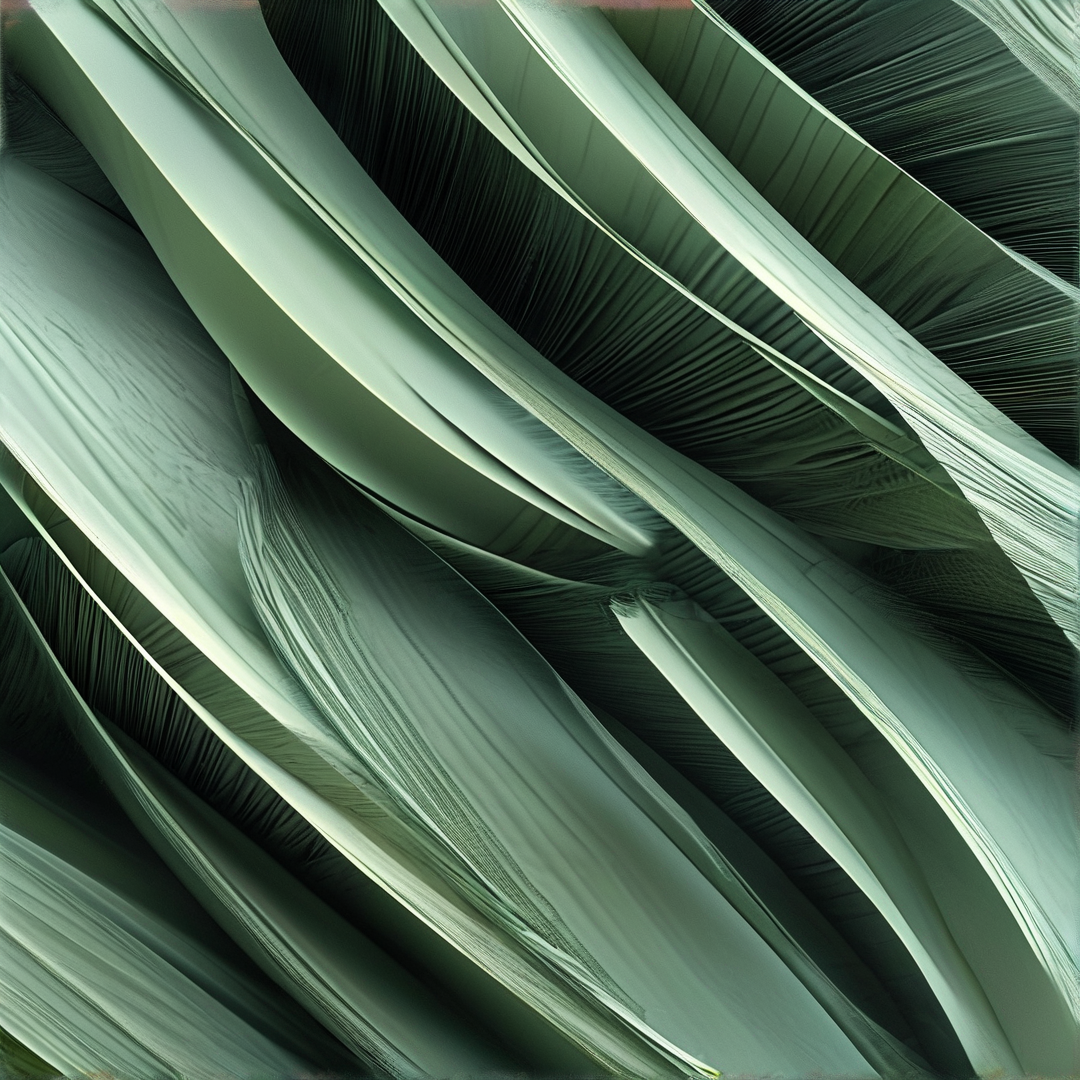 Layered palm leaves display parallel vein lines in muted green tones with sharp sunlight creating deep shadowed folds