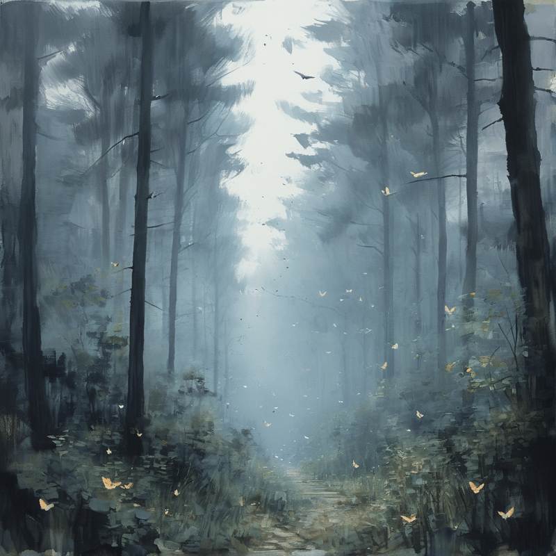 A painting of a misty blue forest with tall trees and golden butterflies flying near a sunlit path.