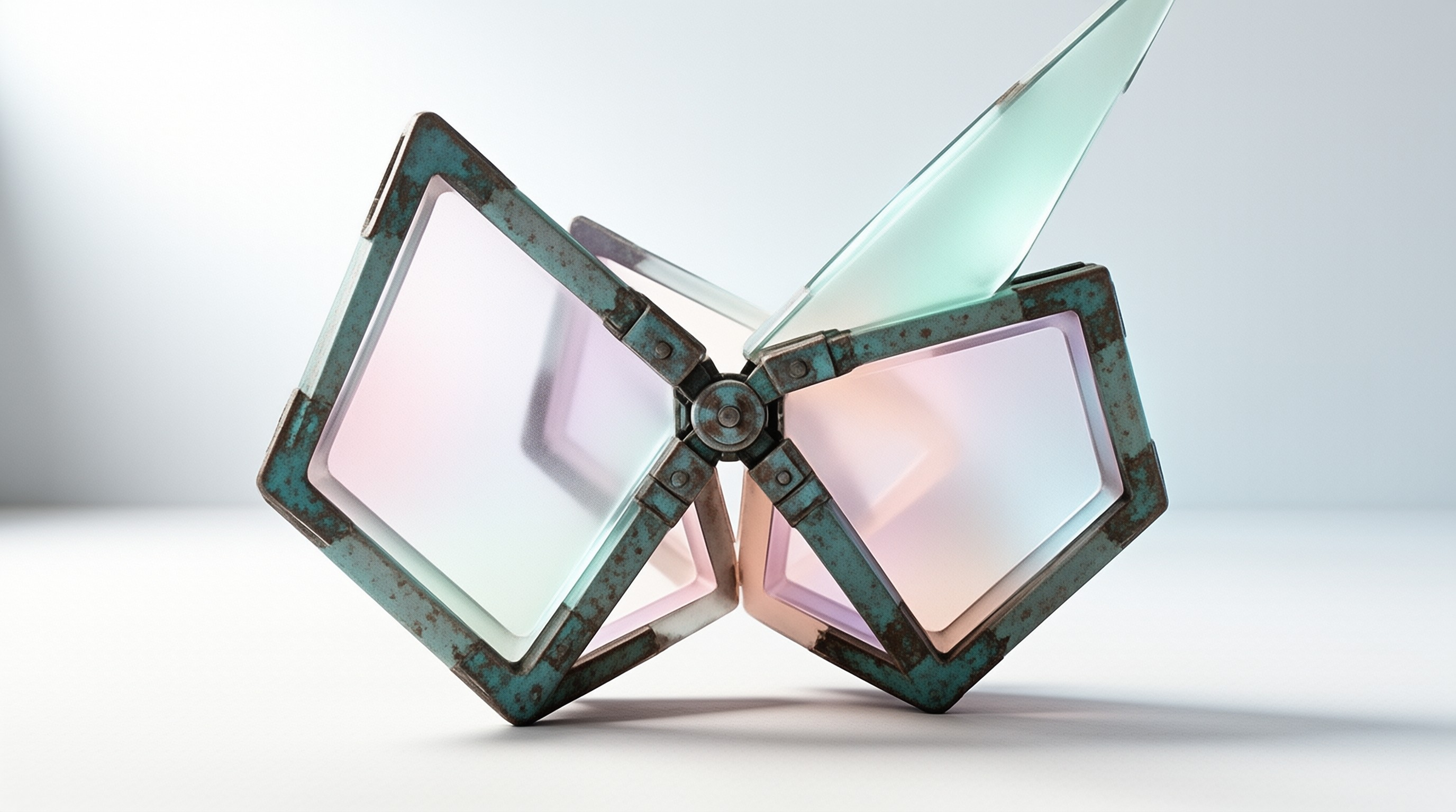 A rusted metal structure resembling a butterfly with translucent iridescent panels folded against a clean white background.