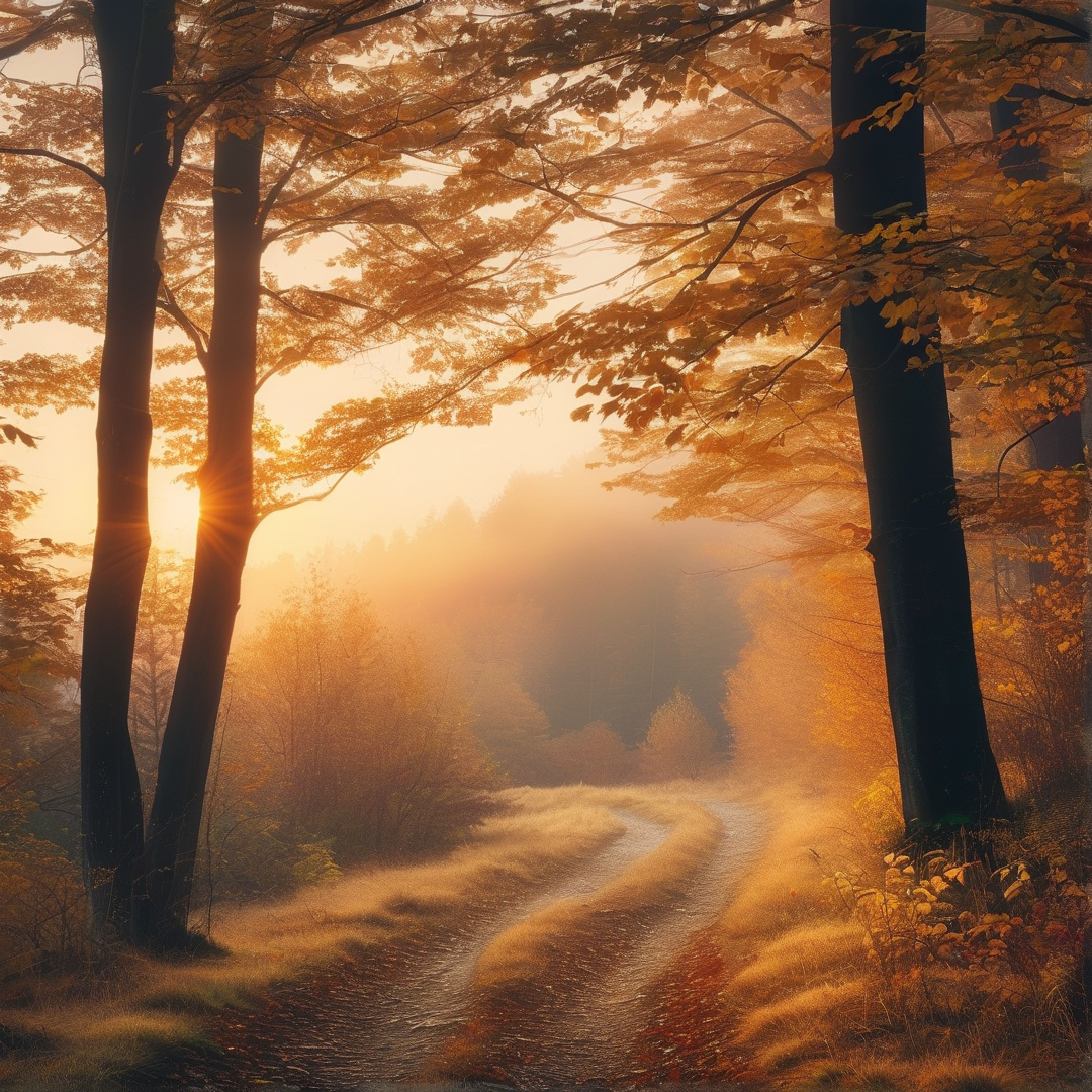 Misty Forest Path at Sunrise
