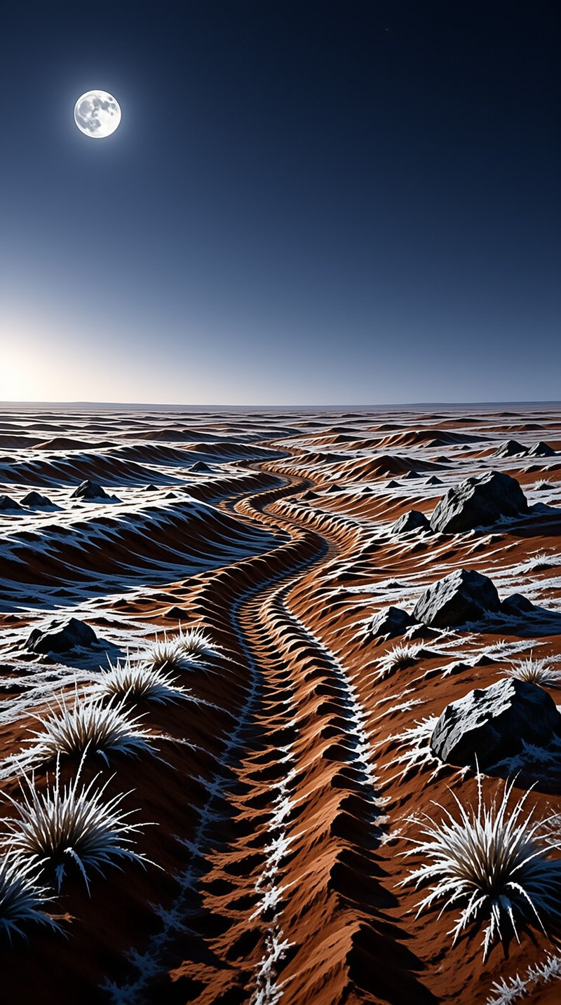 Extensive reddish terrain marked by white frost patterns extends toward a dark horizon beneath a luminous full moon.