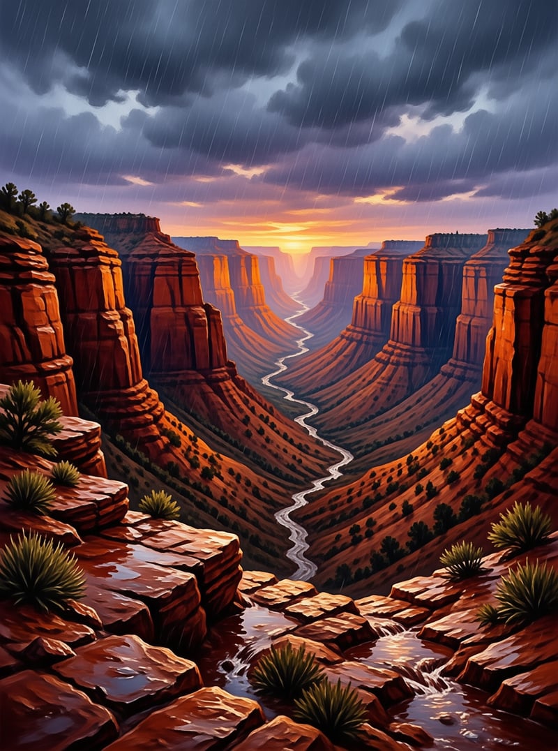 A winding river cuts through towering red rock cliffs as rain falls at sunset.