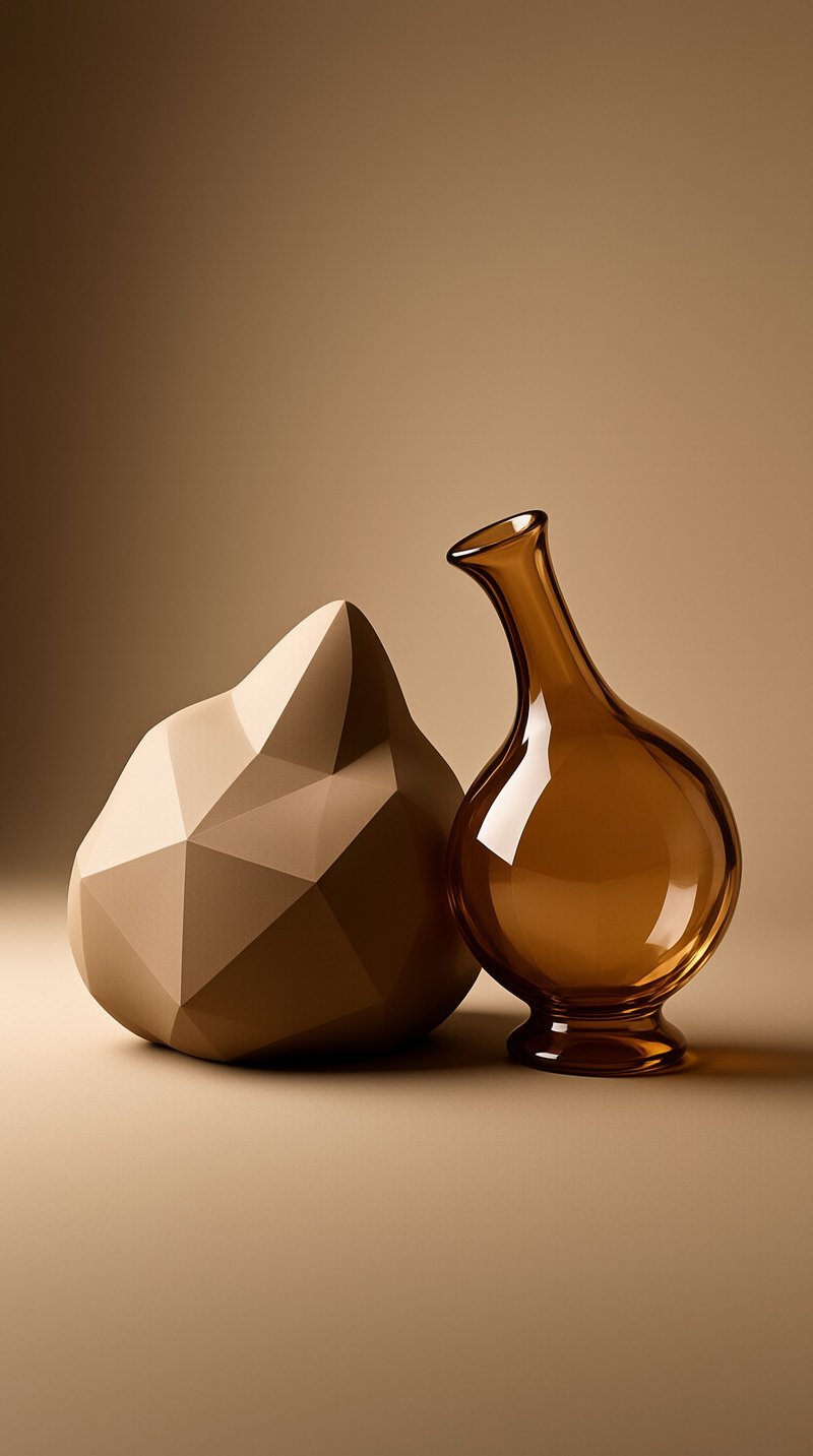 A glossy amber glass bottle stands next to a matte geometric rock sculpture within a smooth warm beige studio space with soft shadows.