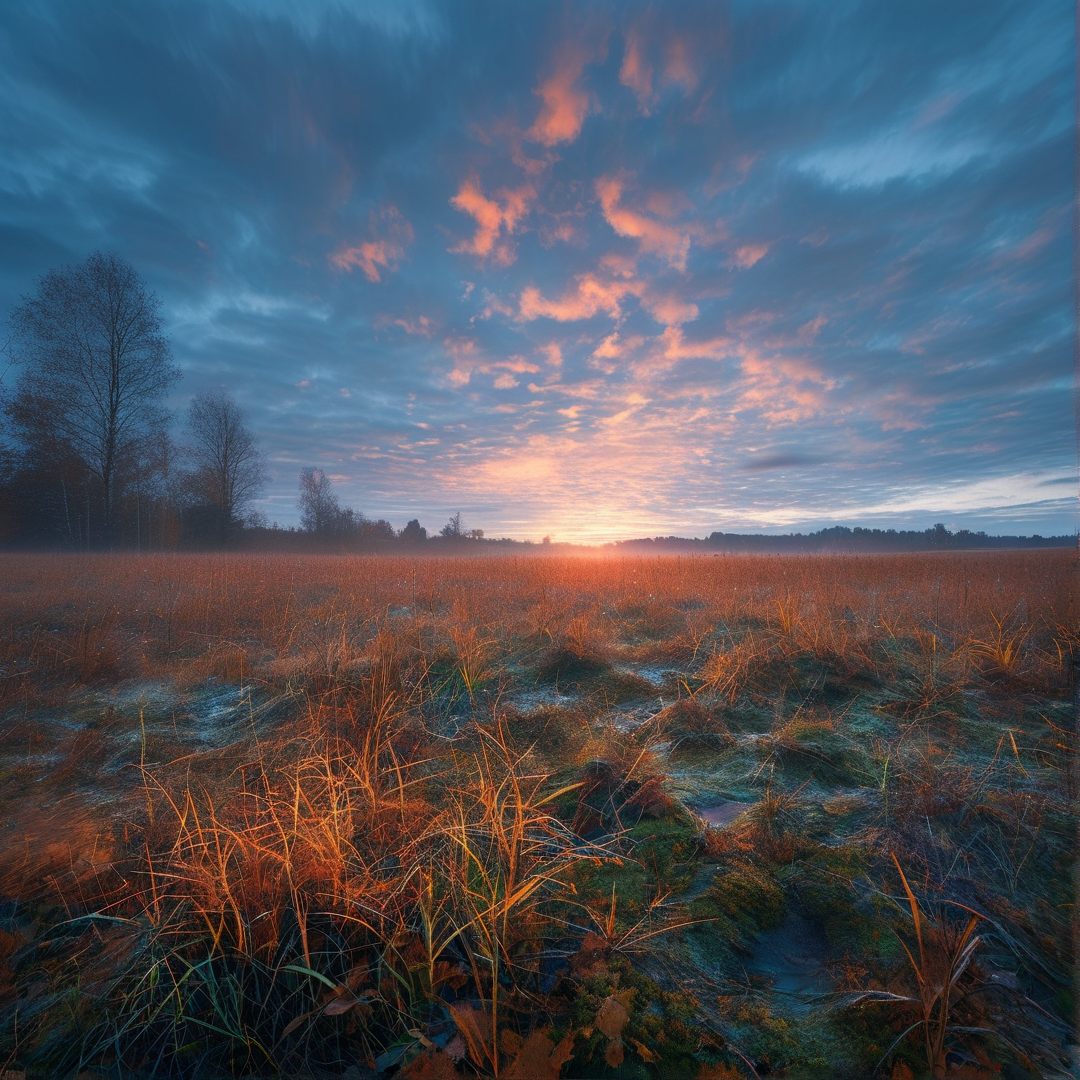 Low winter sun lights up frost covered grass in an open field beneath streaked pink and blue dawn clouds.