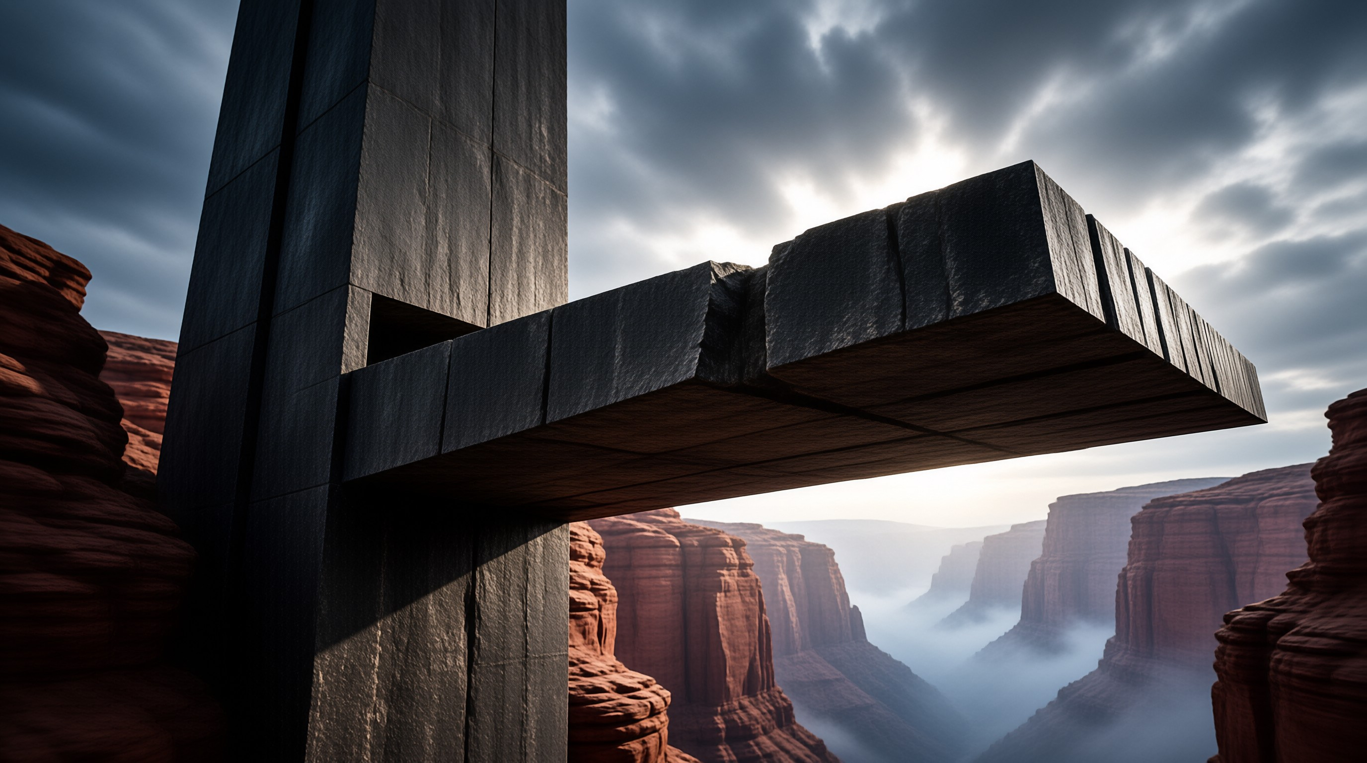 A massive dark stone structure projects out over a misty red rock canyon beneath a cloudy sky.