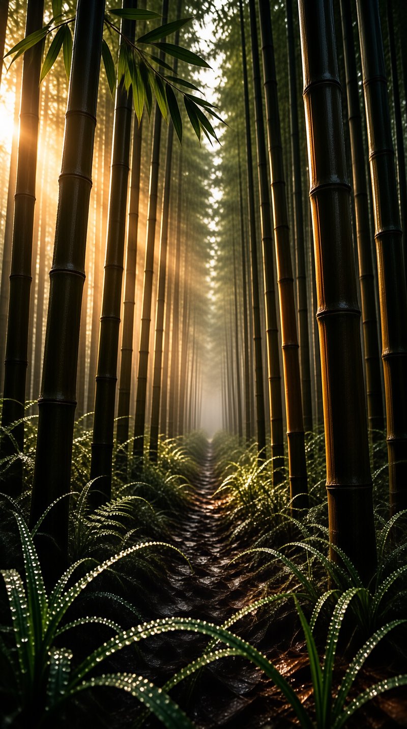 Tall bamboo stalks line a narrow wet path while golden sunlight filters through the misty canopy above.
