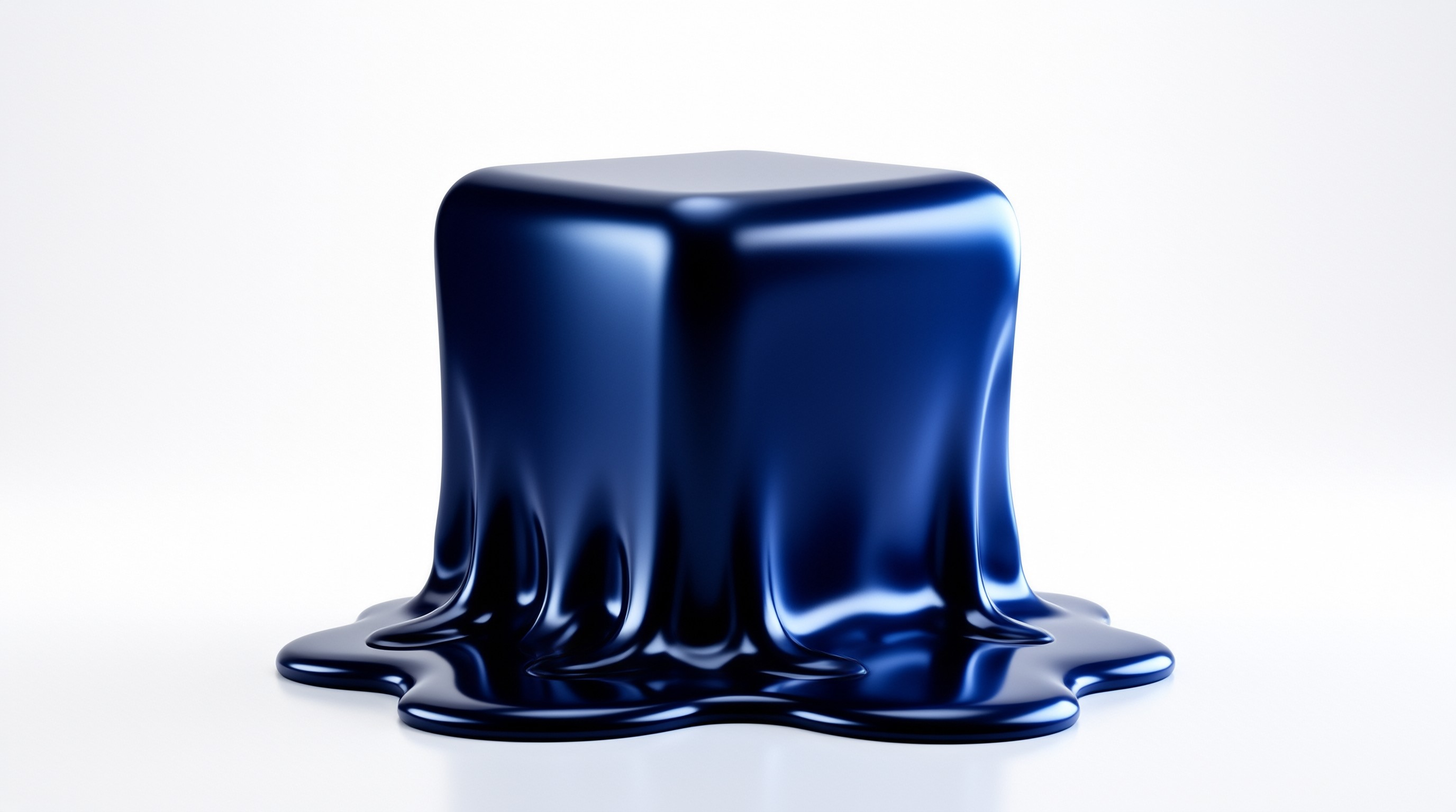 A glossy deep blue cube slowly melting into a liquid puddle on a seamless white background.