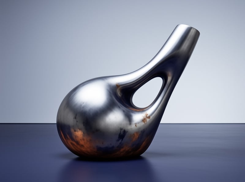 A bulbous brushed metal form pierced by a single opening sits on a deep blue floor, its lower curves streaked with warm rust.