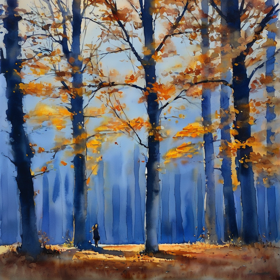 A solitary figure walking through an autumnal forest with warm orange leaves contrasting against deep blue background trees