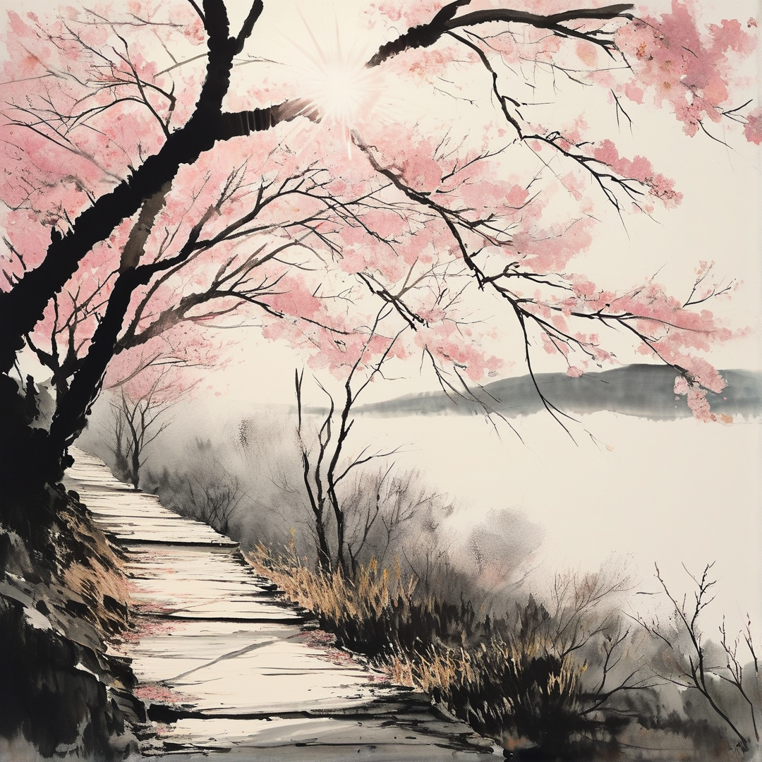 Artwork showing pink blossoms overhanging a stone path leading to a misty lake with sunlight shining through branches.