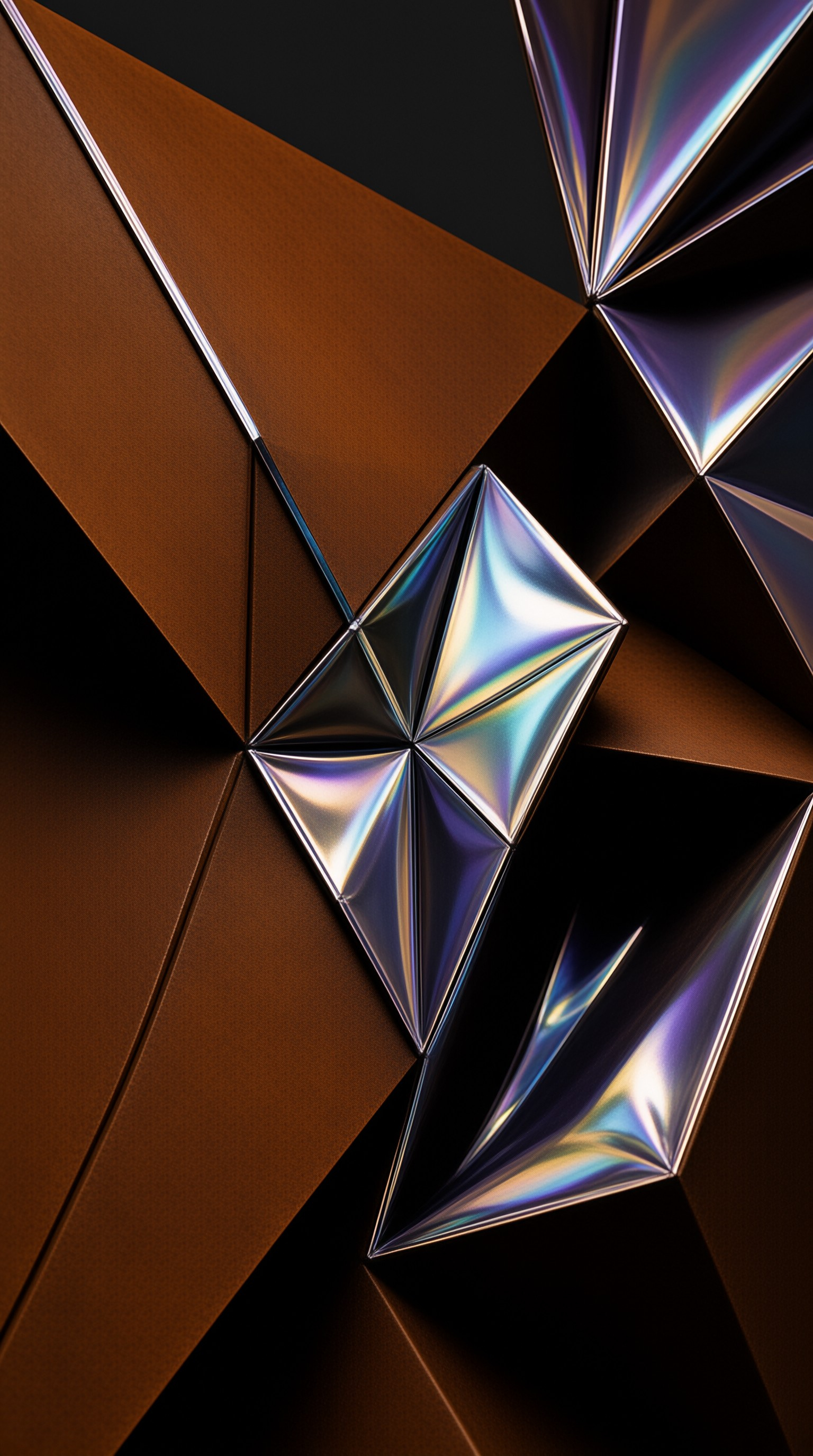 Faceted chrome star shapes with rainbow reflections rest on angular copper panels against a dark backdrop.