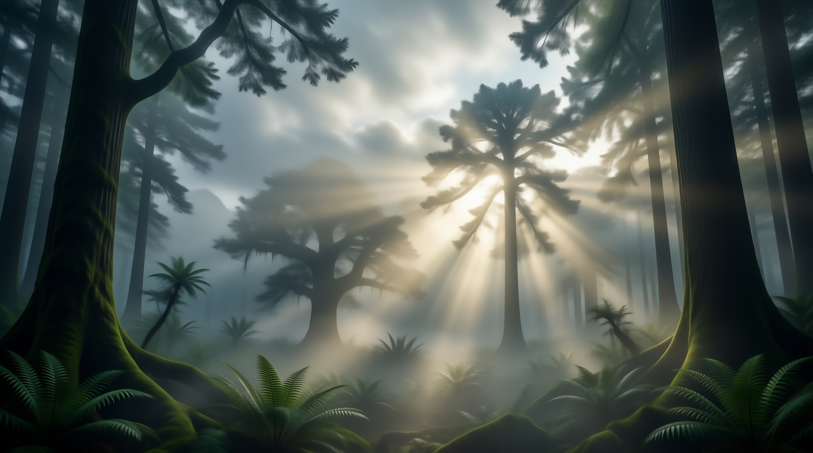Sunlit Misty Primeval Forest