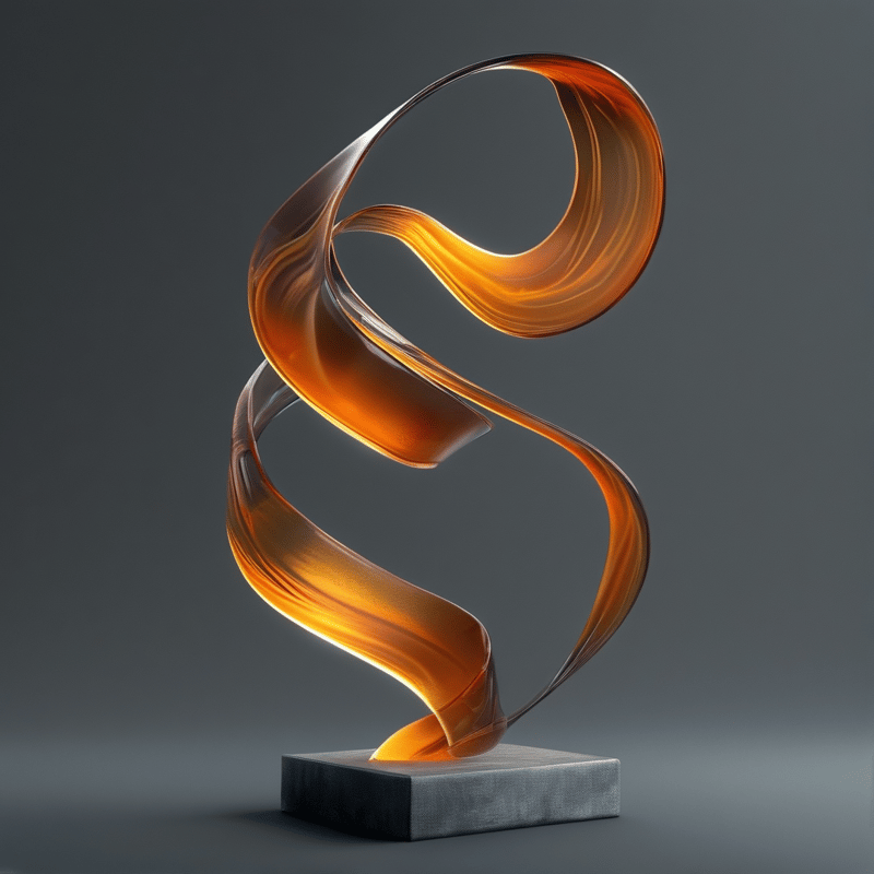A translucent orange ribbon twists upwards from a dark square pedestal under studio lighting.