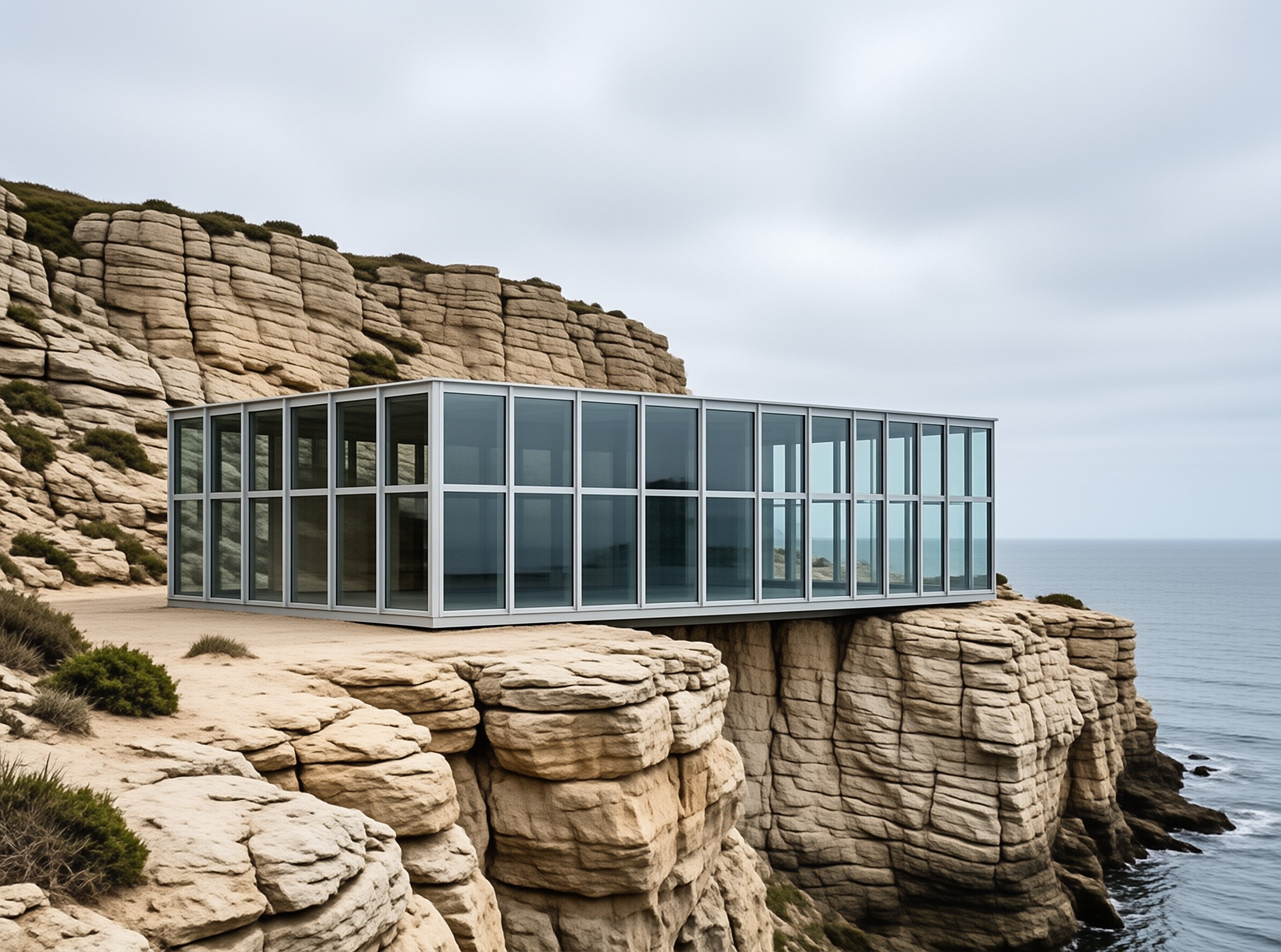 A modern glass-walled structure cantilevered over layered sandstone cliffs beside a calm gray sea