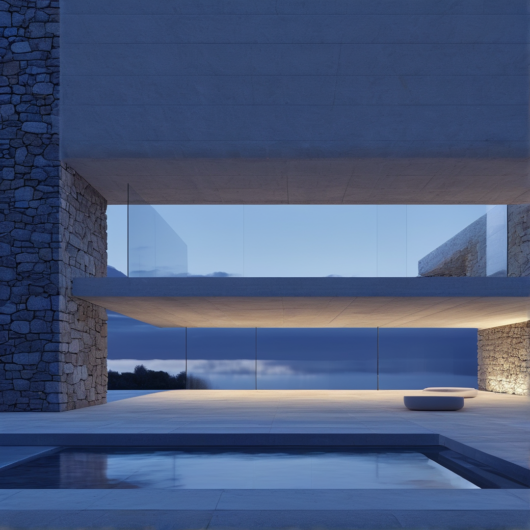 A minimalist structure featuring rough stone walls and concrete beams overlooks a calm pool during twilight.