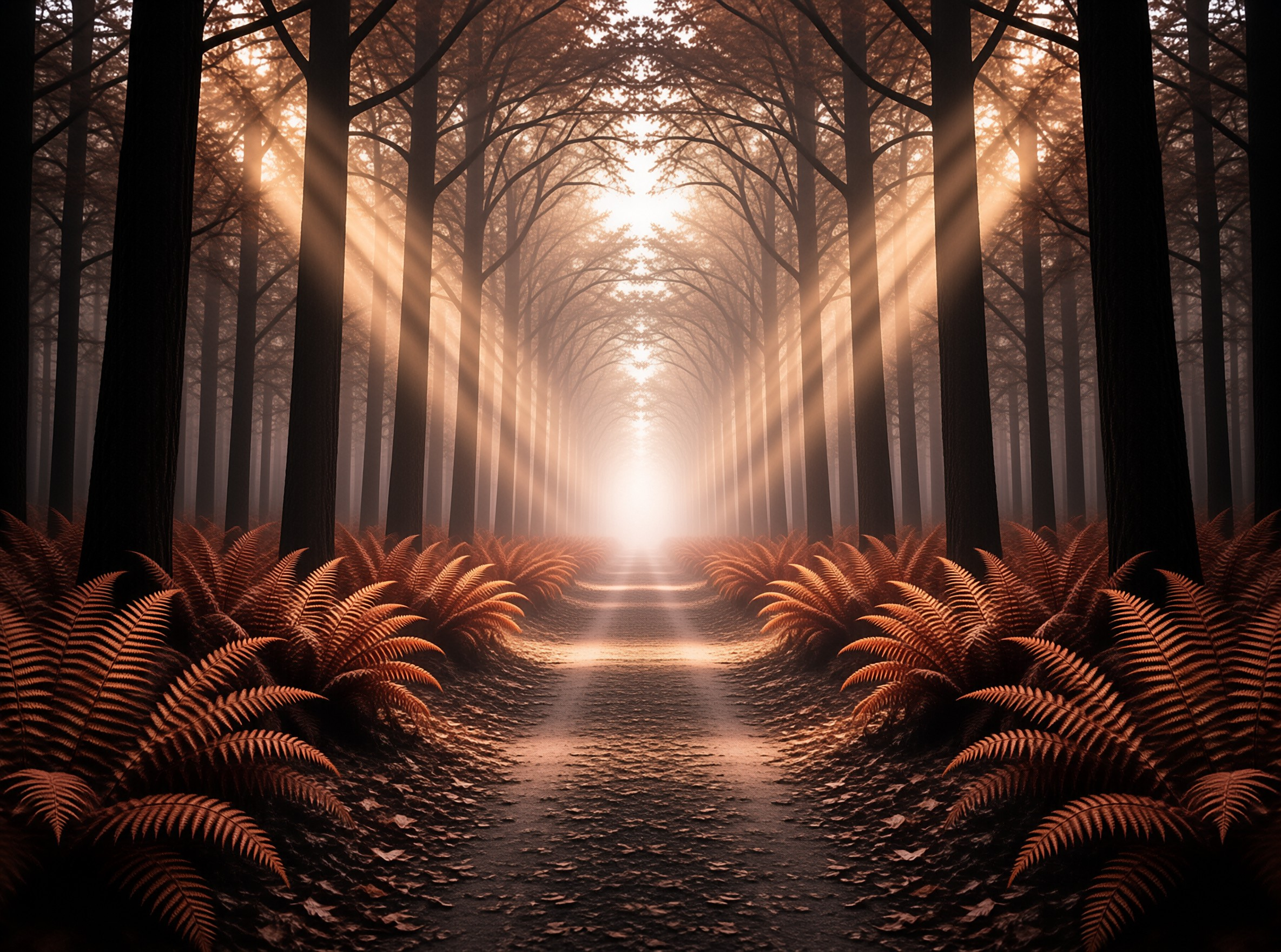 A straight dirt path winds through a forest of tall bare trees and ferns as bright sunbeams cut through the mist.