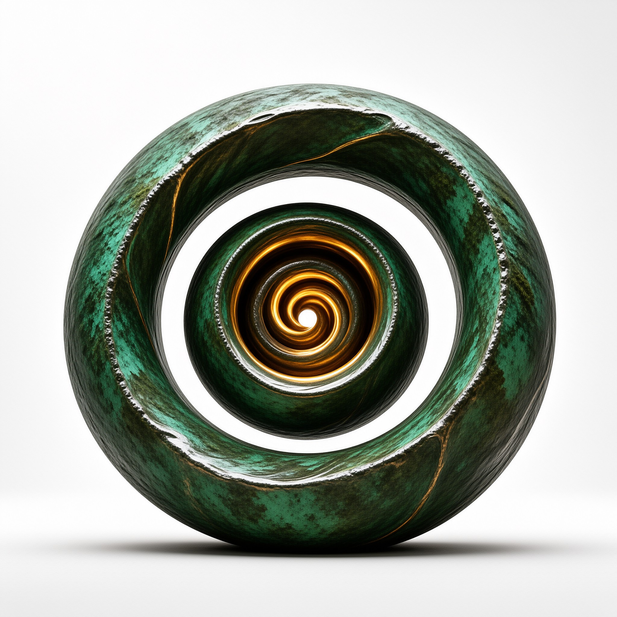 A glossy ring shape displays deep emerald textures surrounding a bright amber spiral vortex against white.