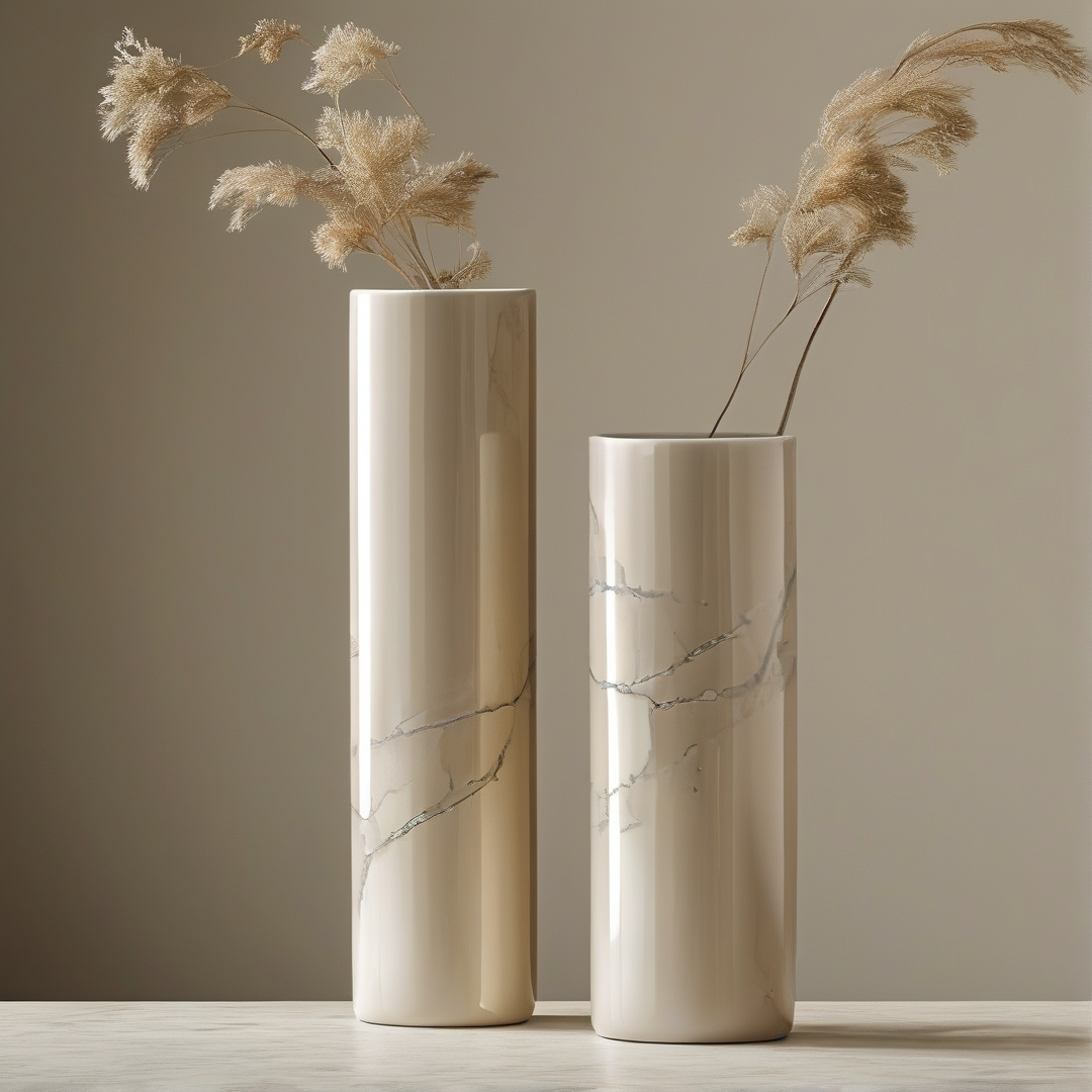 Marble Vases with Pampas Grass