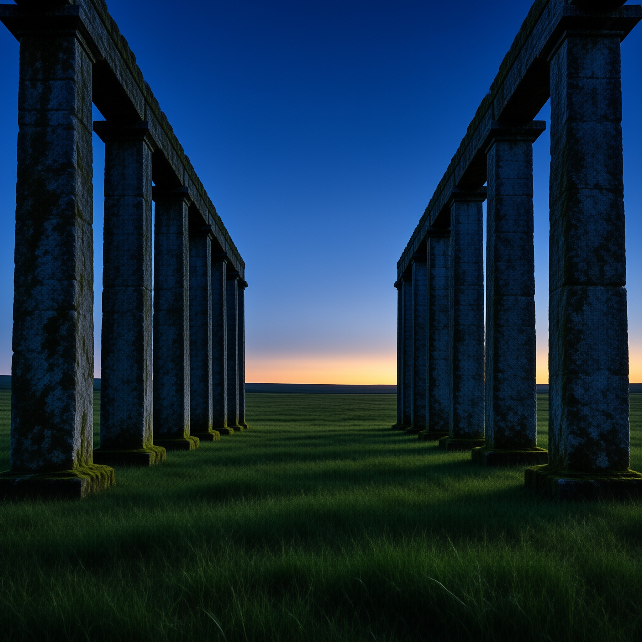 Rows of ancient stone pillars create a long avenue across a grassy field under a gradient twilight sky.
