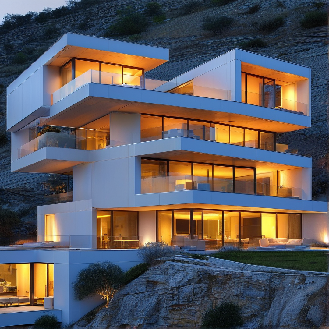 White multi-story home with large glass windows sits on a rocky hillside emitting warm interior light during dusk.