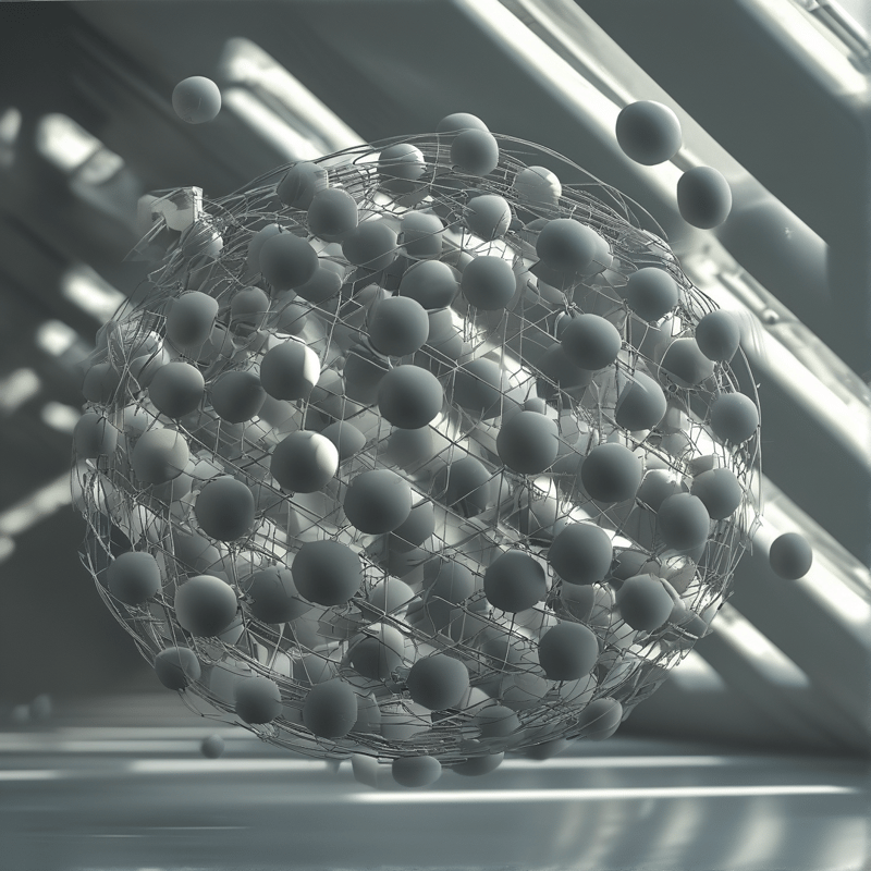 A large spherical object made of a wire mesh containing many small grey balls sits in a blurred industrial room with bright beams.