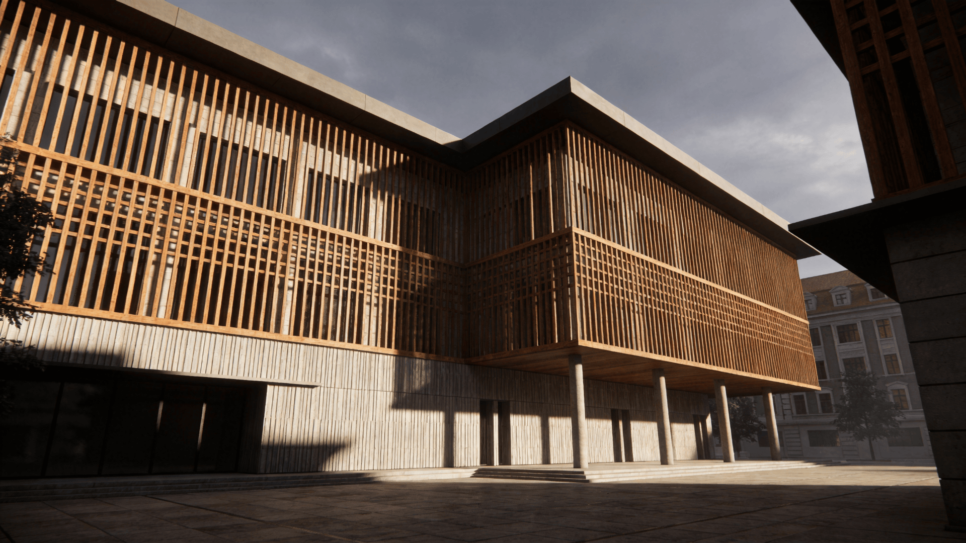 Cultural Center with Wooden Lattice — Urban Plaza