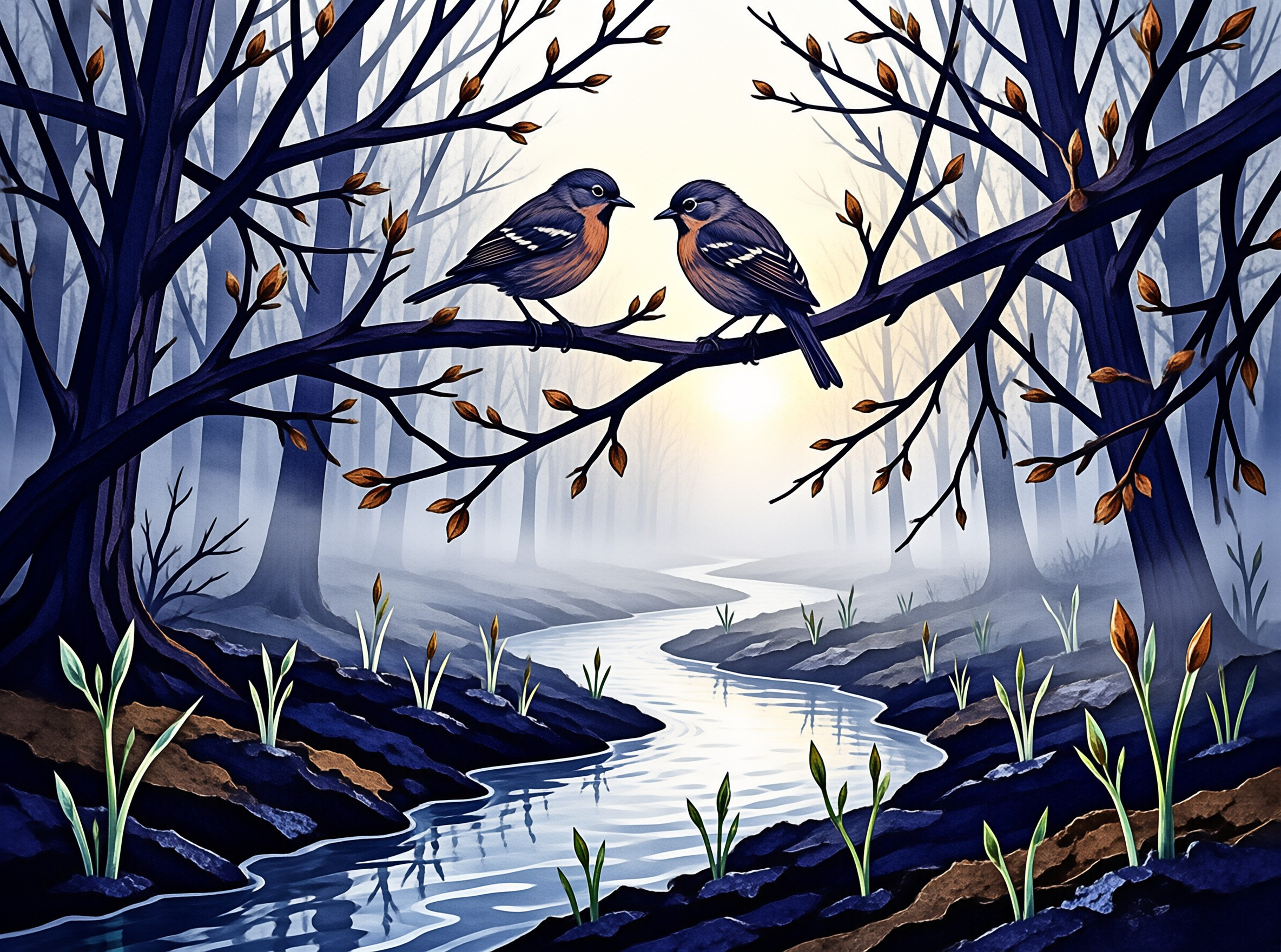 Two small birds with orange chests perch on a branch above a winding stream in a misty forest.
