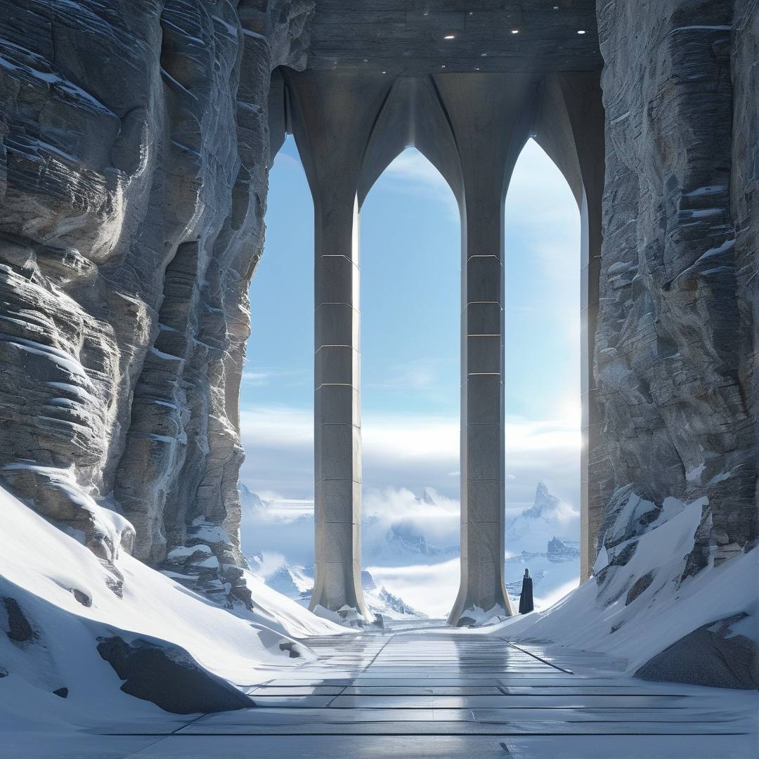 Massive stone columns frame a sunlit path through snow-covered rocky walls toward distant mountain peaks.