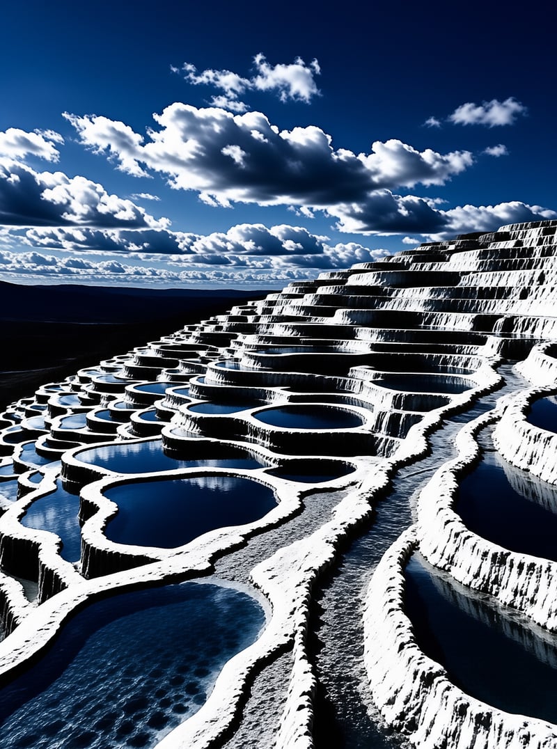 White calcium terraces step down a hillside holding deep blue pools beneath a dramatic sky full of clouds.