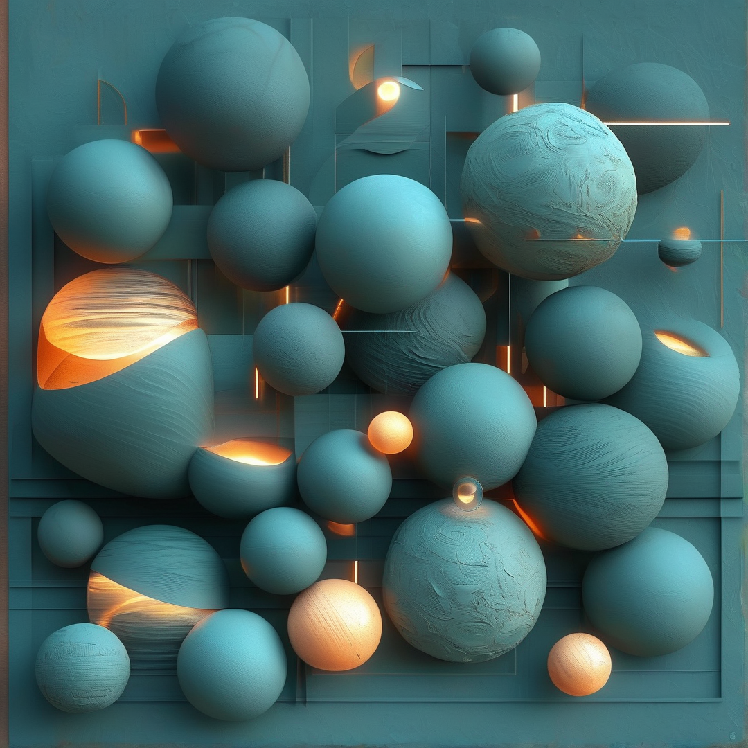 Blue-green sculpted spheres of varied sizes sit on a dark backdrop accented by small warm orange glowing details