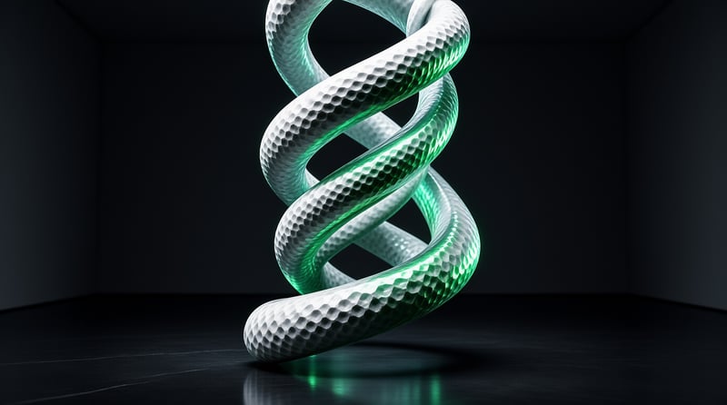 A twisted double helix with a bumpy silver surface and bright green light glowing from within in a dark space.