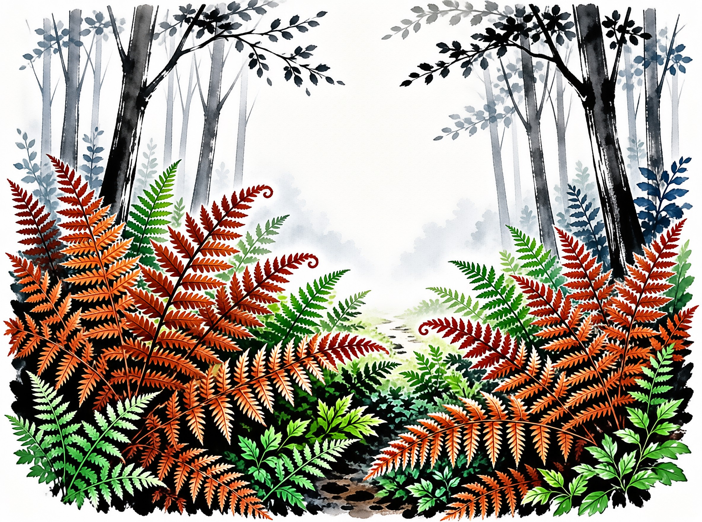 Watercolor painting of lush ferns in autumn and green hues surrounded by tall grey trees fading into fog.