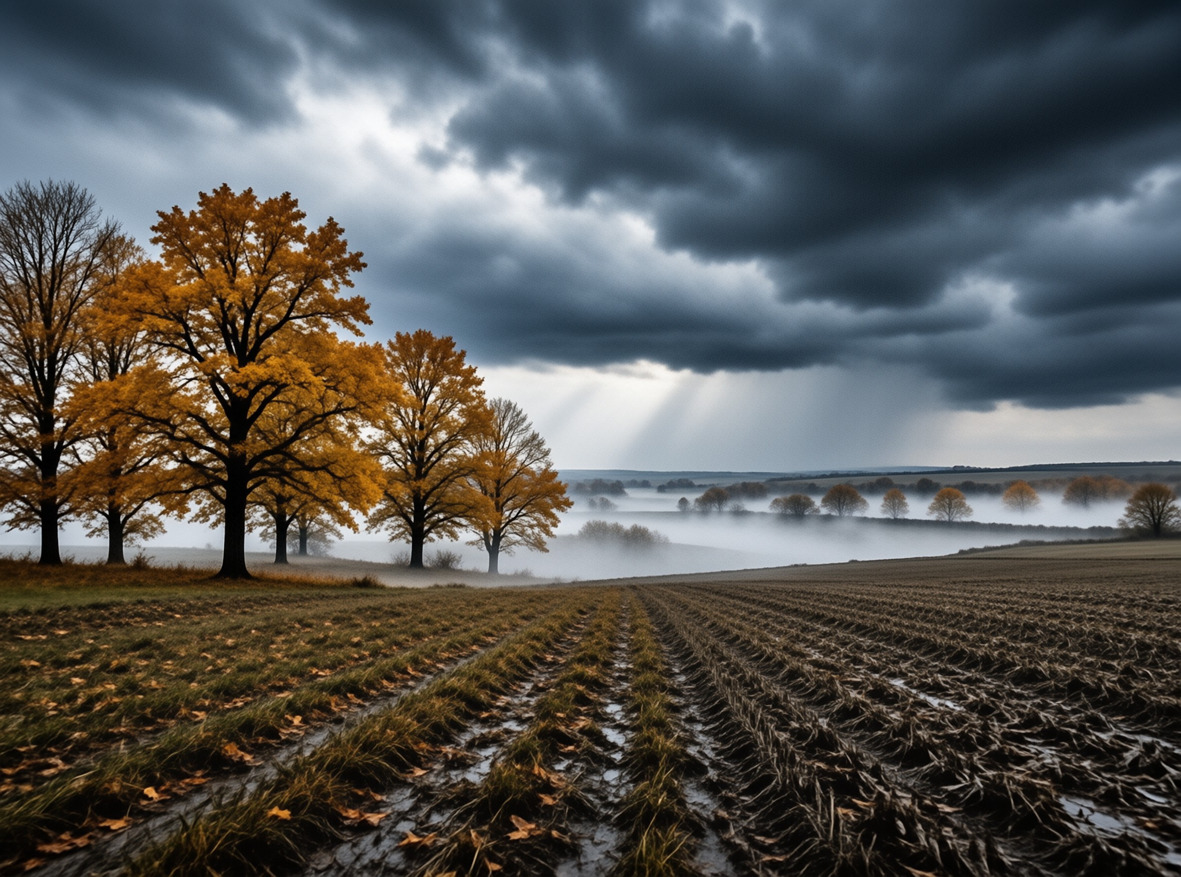 Yellow trees line a muddy field while fog covers the distant valley under dark clouds with sunbeams shining down.