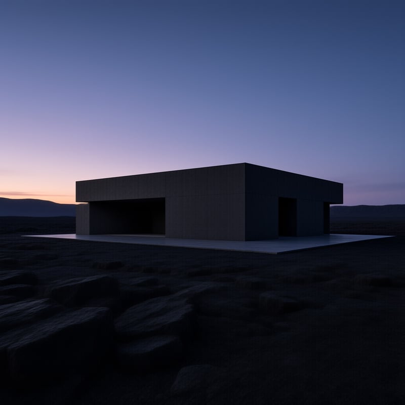 A stark rectangular concrete structure sits isolated on dark volcanic rock beneath a fading purple twilight sky.