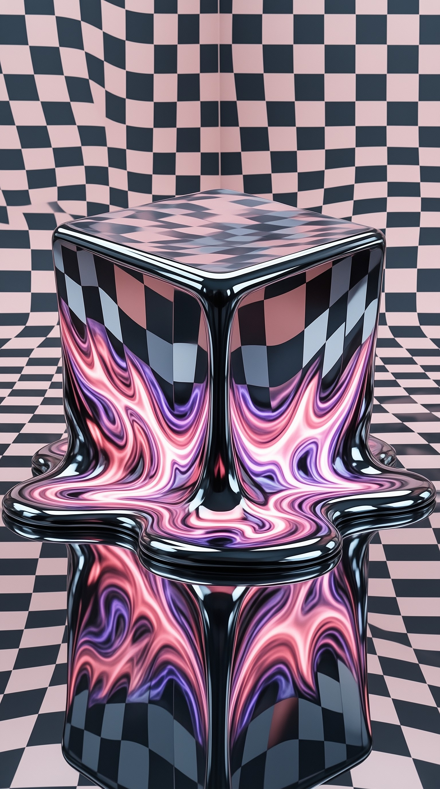 A glossy cube drips into a wavy puddle reflecting pink and violet swirls across a black and pale checkered room.
