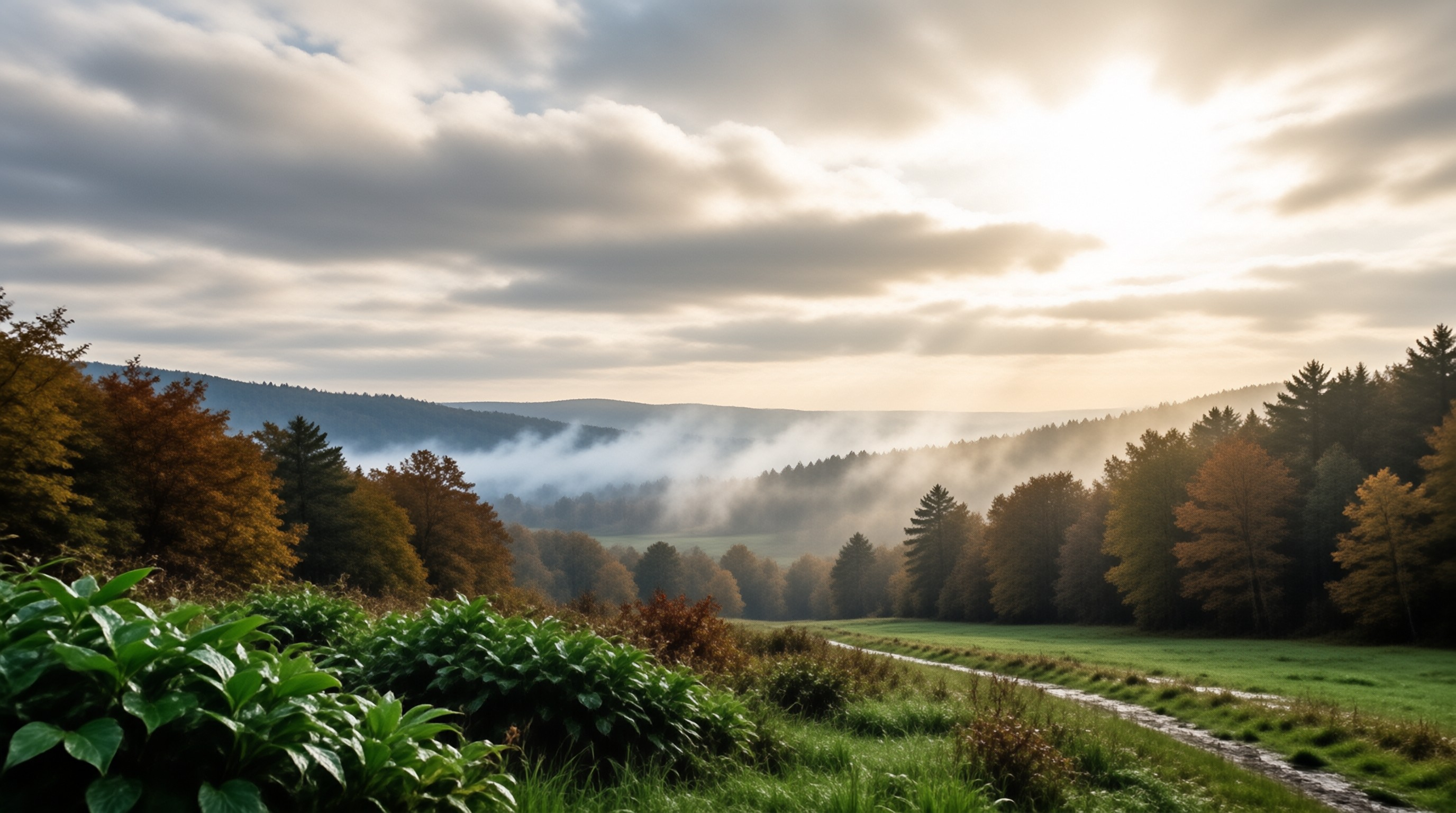 Dirt road winding through autumn trees and grass with fog filling the valley under a bright sky