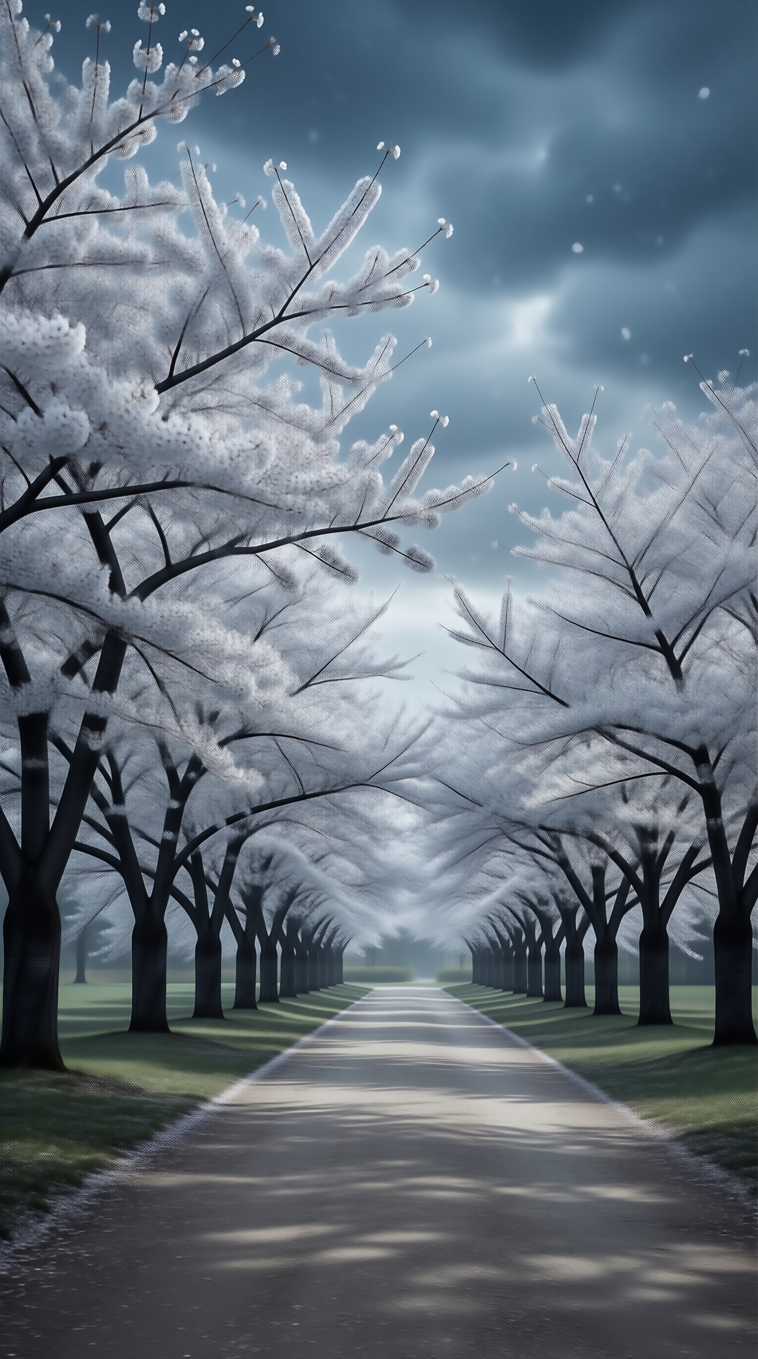 White Blossom Avenue Under Cloudy Sky