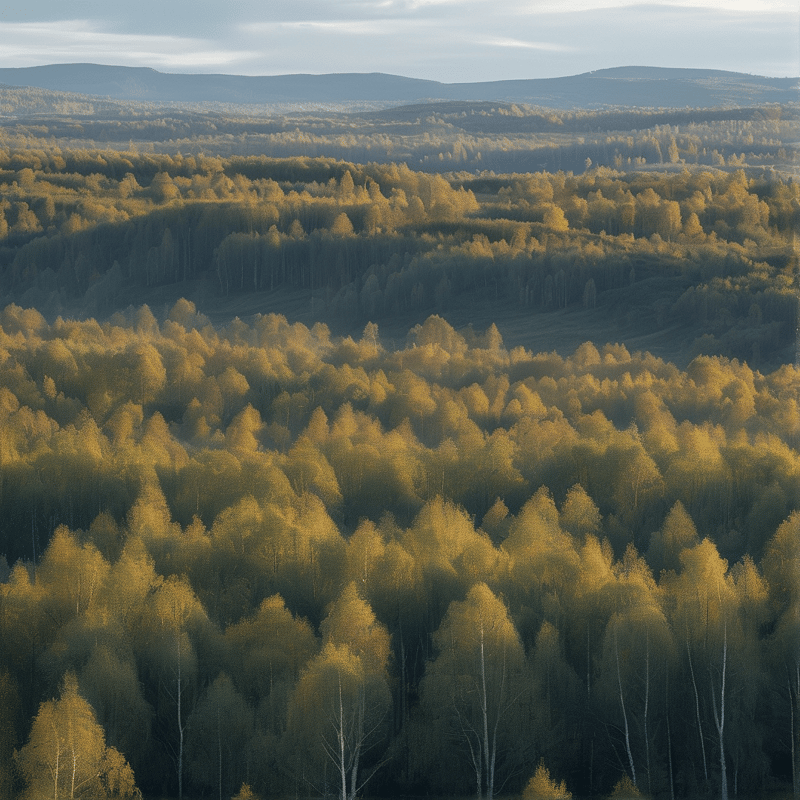 A vast landscape of yellow autumn trees covering rolling hills with mist in the distance.