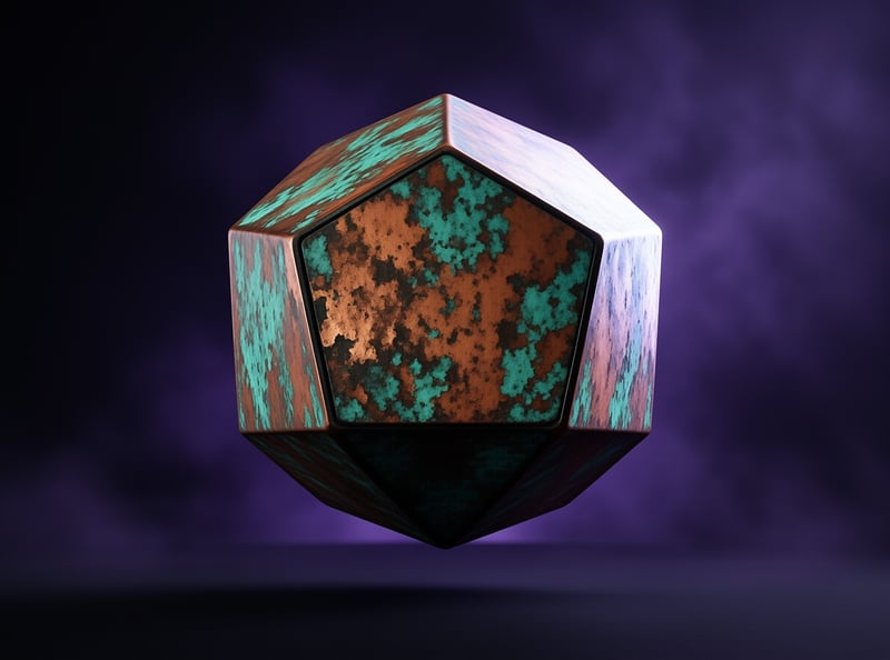 A weathered die with orange rust and green patina floats against a blurred purple background with high contrast lighting.